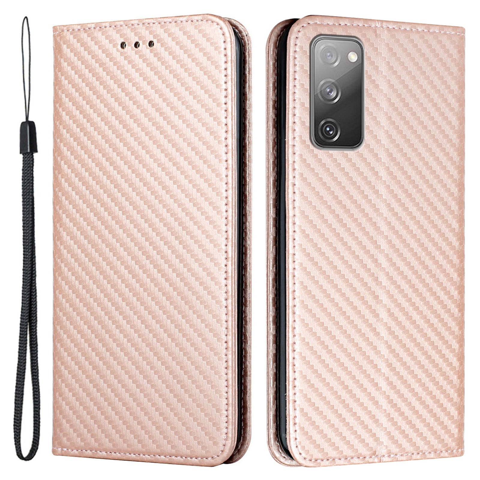 Wallet Design Carbon Fiber Texture Stand Auto-absorbed Leather Case Cover with Hand Strap for Samsung Galaxy S20 FE 2022/S20 FE 4G/5G/S20 Lite - Rose Gold