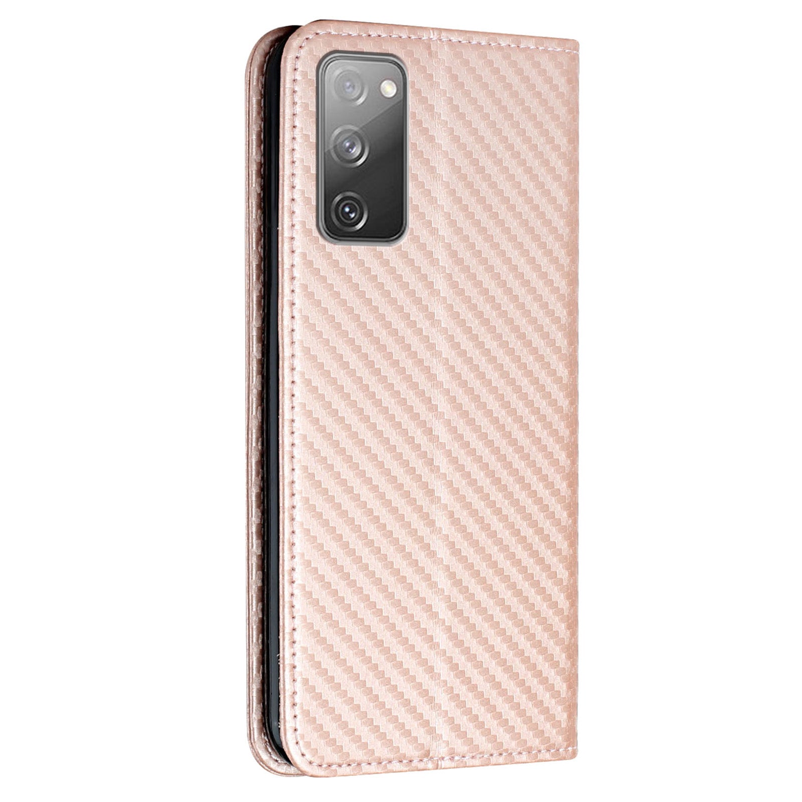 Wallet Design Carbon Fiber Texture Stand Auto-absorbed Leather Case Cover with Hand Strap for Samsung Galaxy S20 FE 2022/S20 FE 4G/5G/S20 Lite - Rose Gold