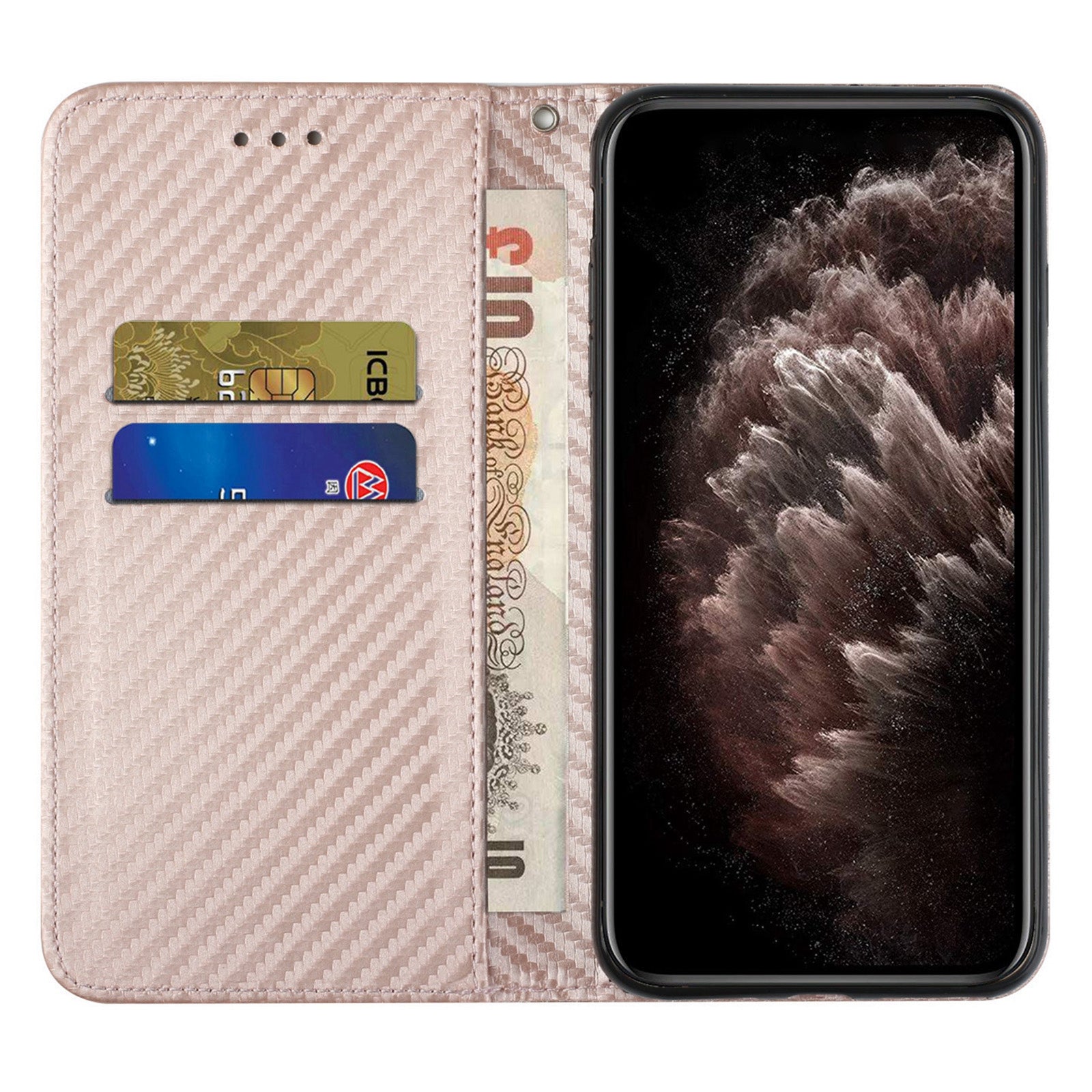 Wallet Design Carbon Fiber Texture Stand Auto-absorbed Leather Case Cover with Hand Strap for Samsung Galaxy S20 FE 2022/S20 FE 4G/5G/S20 Lite - Rose Gold