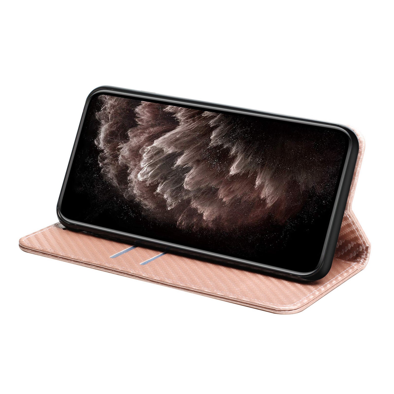 Wallet Design Carbon Fiber Texture Stand Auto-absorbed Leather Case Cover with Hand Strap for Samsung Galaxy S20 FE 2022/S20 FE 4G/5G/S20 Lite - Rose Gold