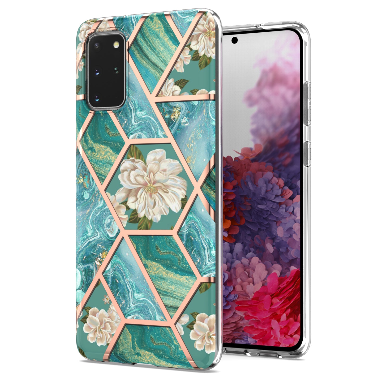 Lightweight Marble Design Electroplating Support Wireless Charging IMD IML Soft TPU Phone Case Cover for Samsung Galaxy S20 Plus 4G/5G - Blue Flowers