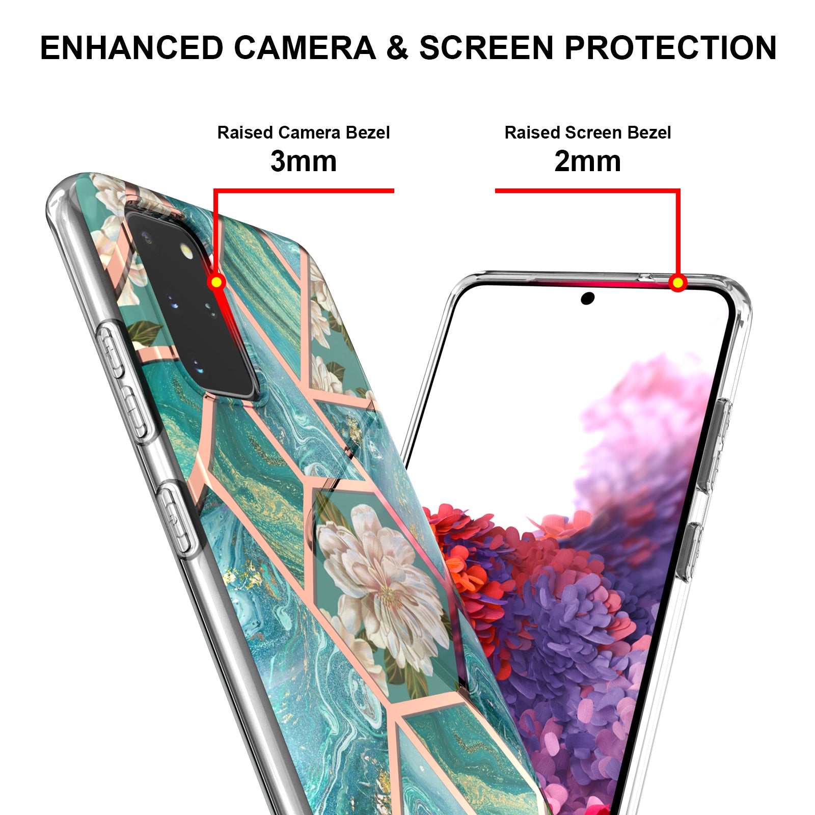 Lightweight Marble Design Electroplating Support Wireless Charging IMD IML Soft TPU Phone Case Cover for Samsung Galaxy S20 Plus 4G/5G - Blue Flowers