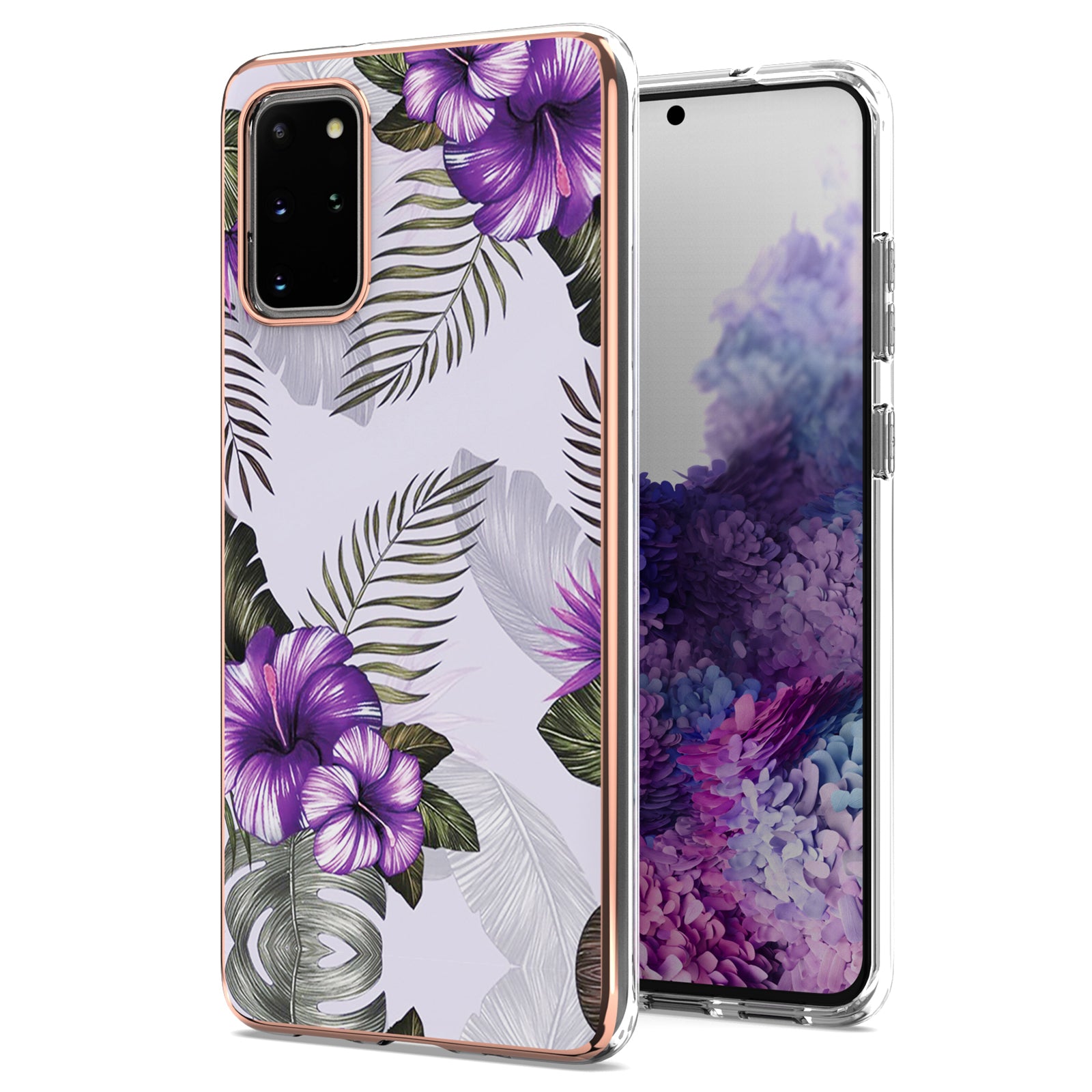 Lightweight Marble Design Electroplating Support Wireless Charging IMD IML Soft TPU Phone Case Cover for Samsung Galaxy S20 Plus 4G/5G - Purple Flowers