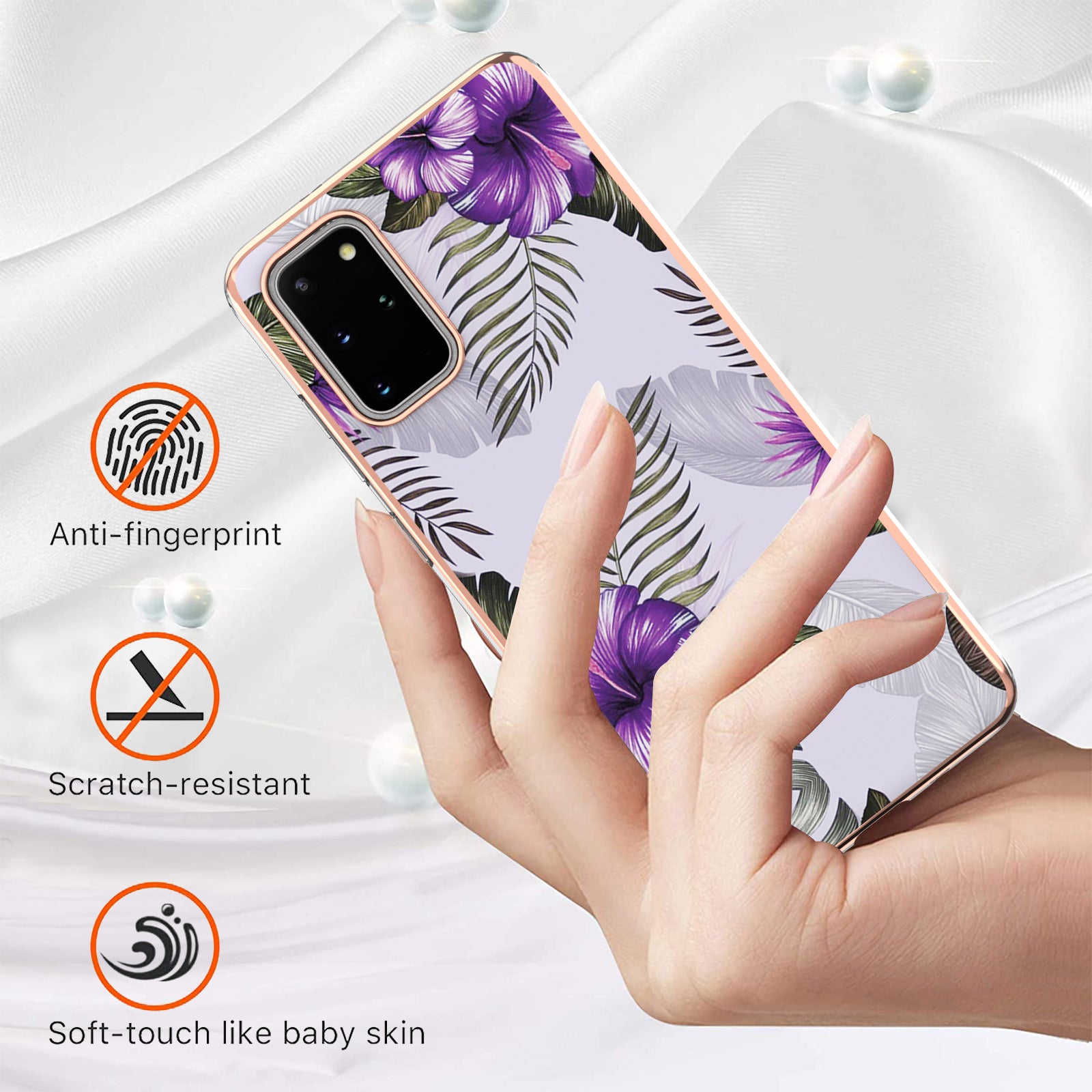 Lightweight Marble Design Electroplating Support Wireless Charging IMD IML Soft TPU Phone Case Cover for Samsung Galaxy S20 Plus 4G/5G - Purple Flowers