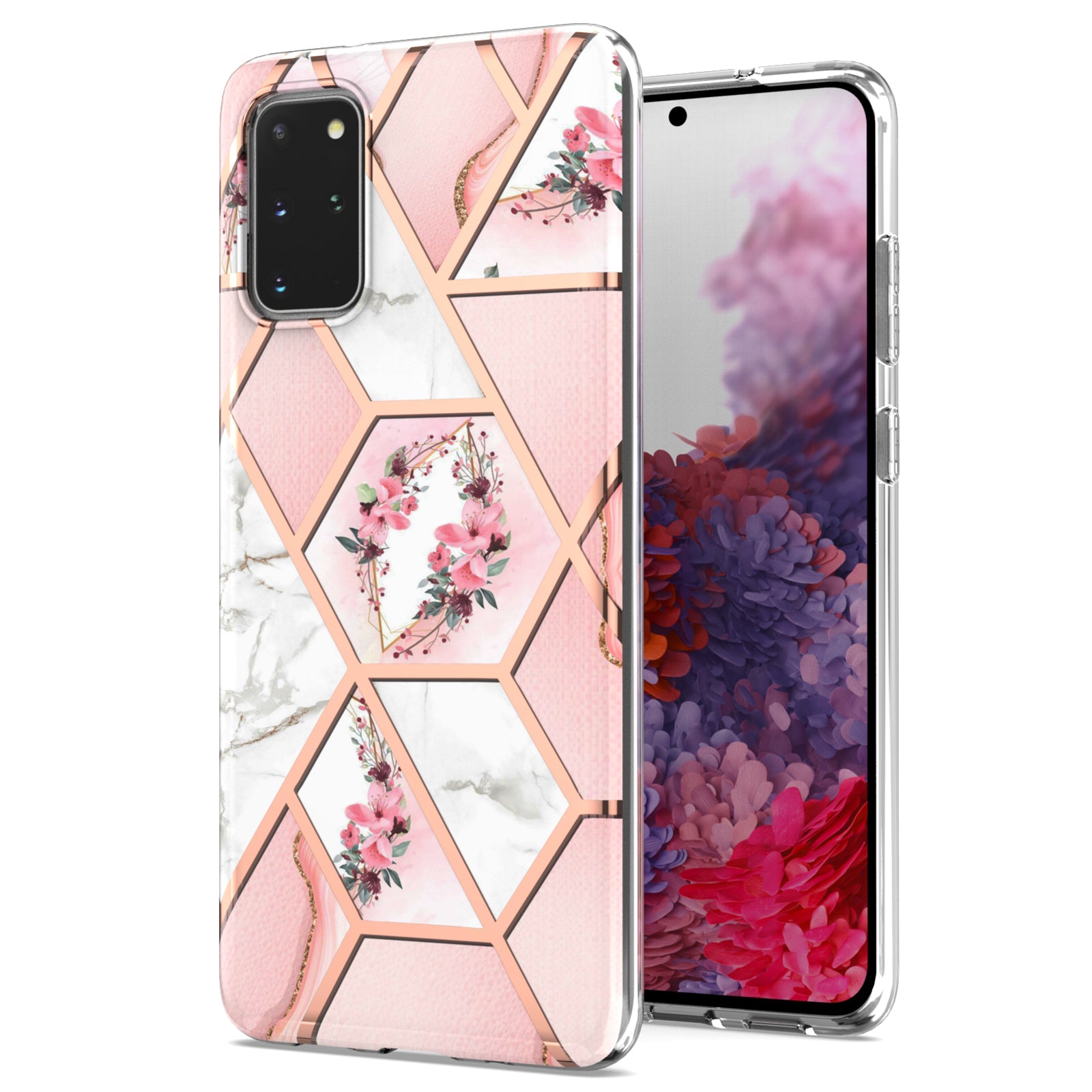 Lightweight Marble Design Electroplating Support Wireless Charging IMD IML Soft TPU Phone Case Cover for Samsung Galaxy S20 Plus 4G/5G - Pink Flowers