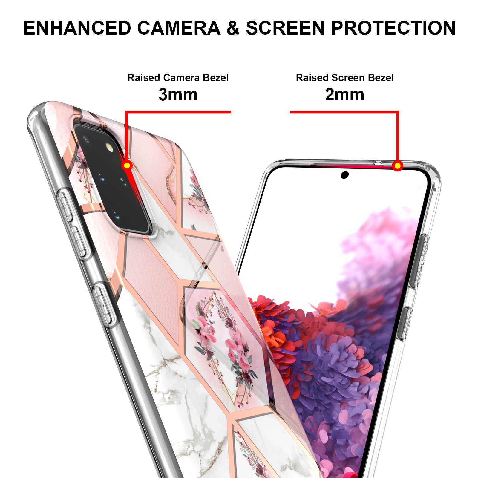 Lightweight Marble Design Electroplating Support Wireless Charging IMD IML Soft TPU Phone Case Cover for Samsung Galaxy S20 Plus 4G/5G - Pink Flowers