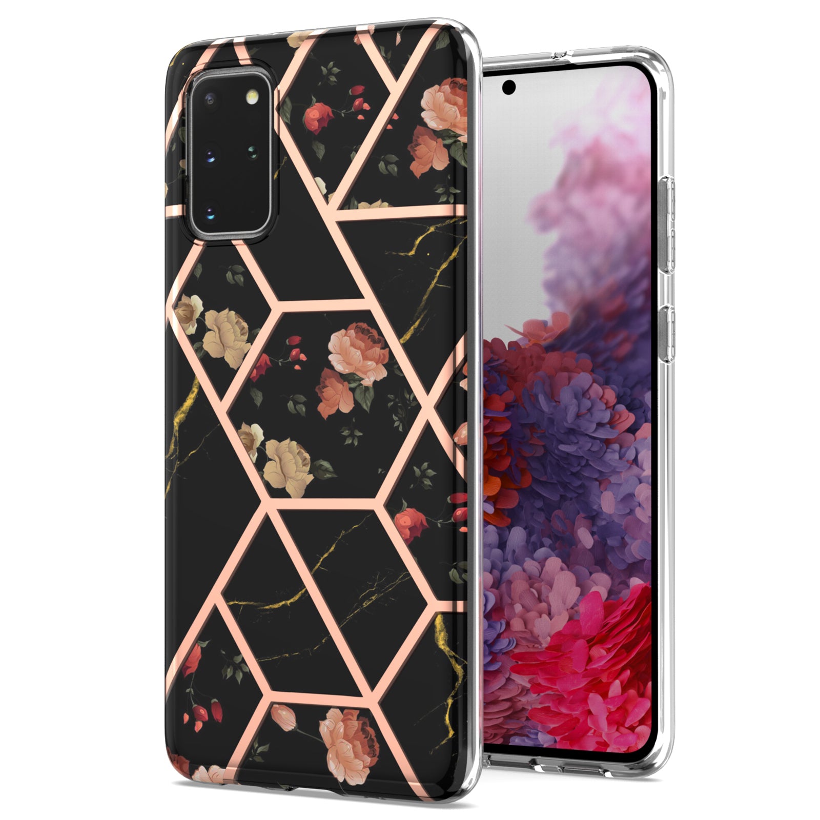 Lightweight Marble Design Electroplating Support Wireless Charging IMD IML Soft TPU Phone Case Cover for Samsung Galaxy S20 Plus 4G/5G - Black Flowers