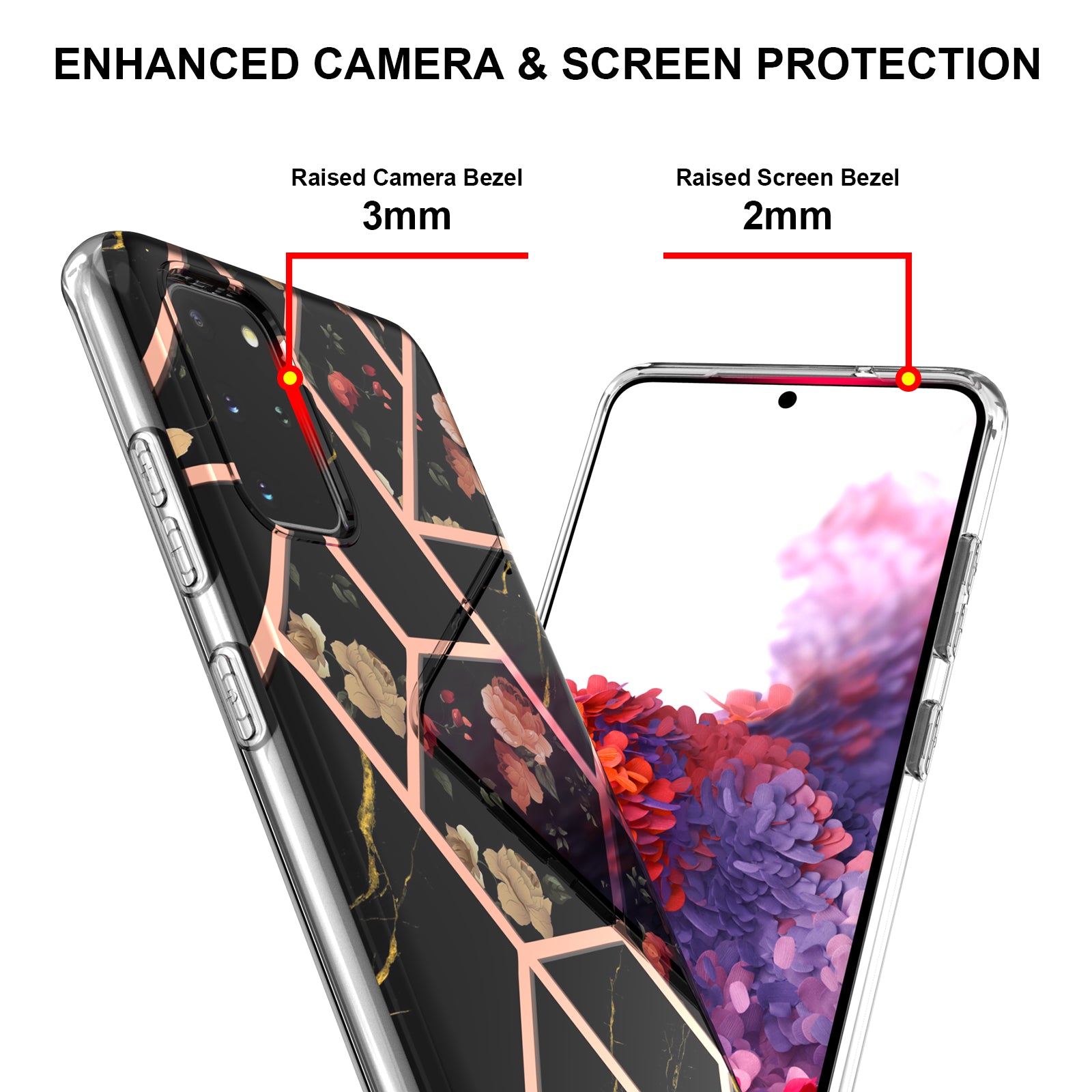 Lightweight Marble Design Electroplating Support Wireless Charging IMD IML Soft TPU Phone Case Cover for Samsung Galaxy S20 Plus 4G/5G - Black Flowers