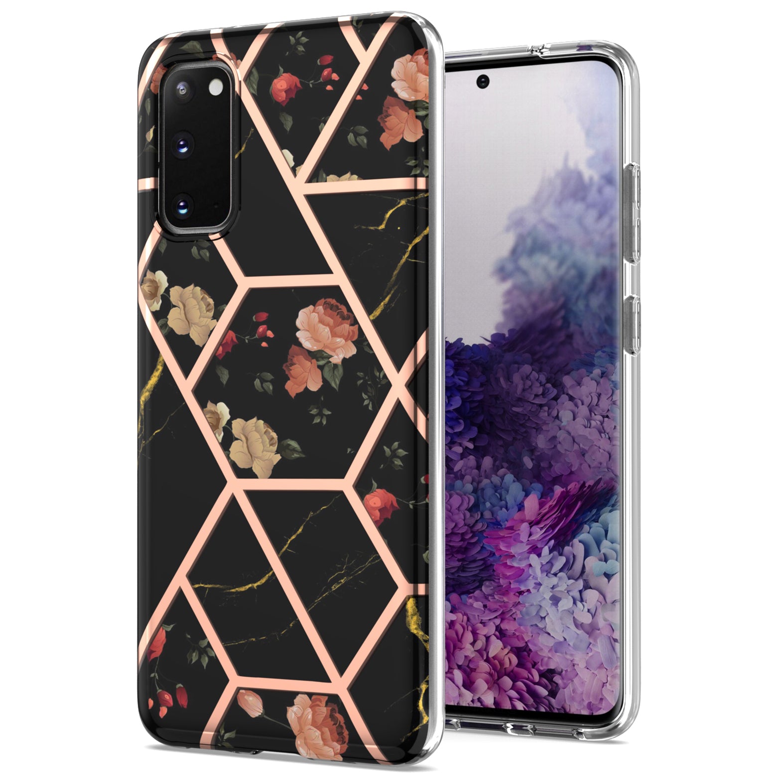 Anti-scratch Stylish Marble Design IMD IML Electroplating Soft TPU Phone Case Cover for Samsung Galaxy S20 4G/S20 5G - Black Flowers