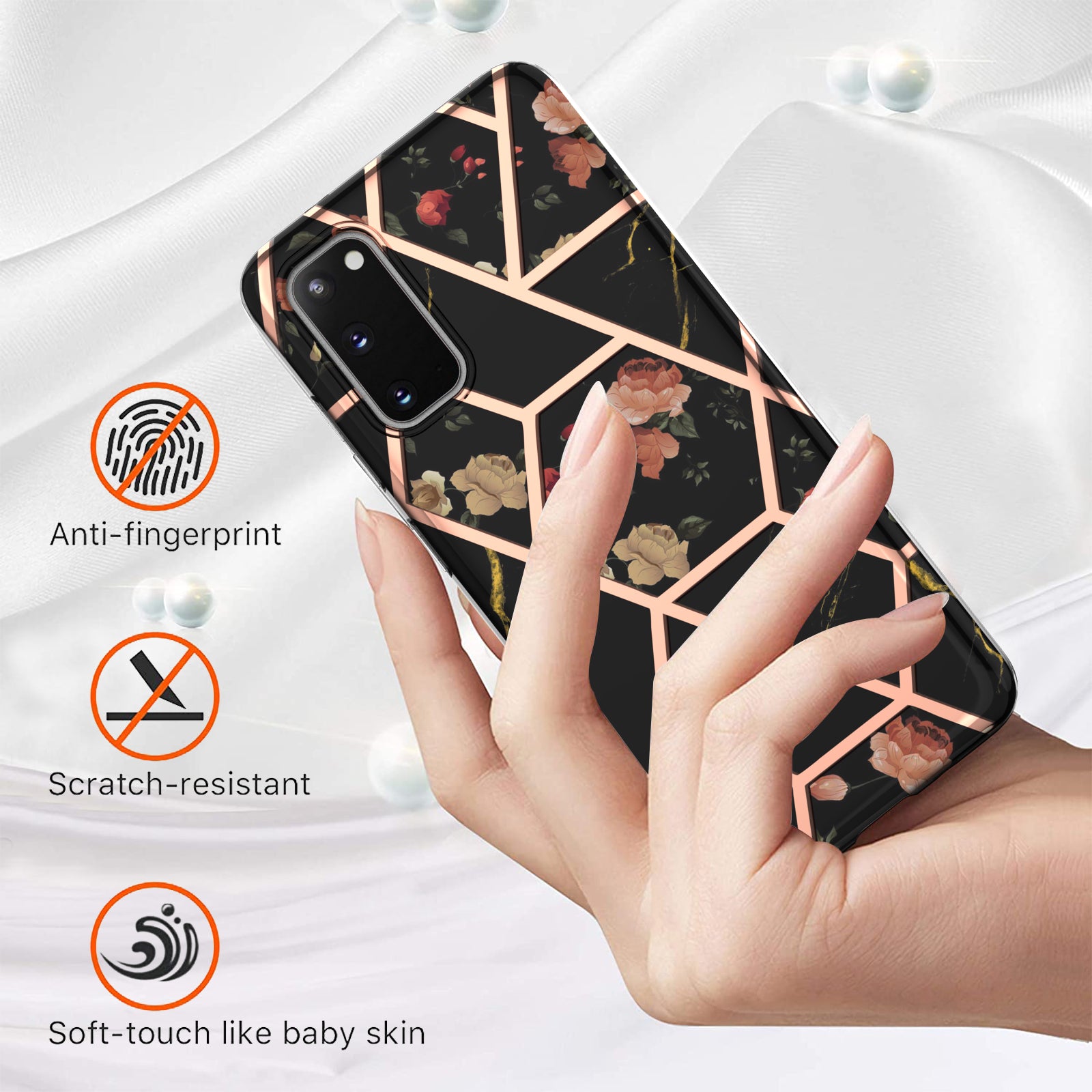 Anti-scratch Stylish Marble Design IMD IML Electroplating Soft TPU Phone Case Cover for Samsung Galaxy S20 4G/S20 5G - Black Flowers