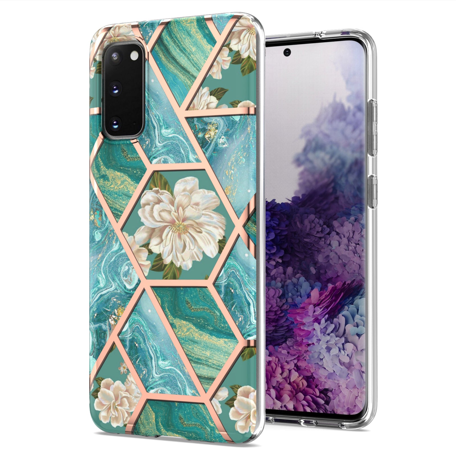 Anti-scratch Stylish Marble Design IMD IML Electroplating Soft TPU Phone Case Cover for Samsung Galaxy S20 4G/S20 5G - Blue Flowers