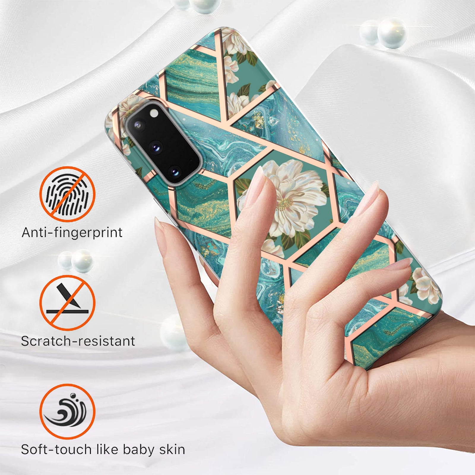 Anti-scratch Stylish Marble Design IMD IML Electroplating Soft TPU Phone Case Cover for Samsung Galaxy S20 4G/S20 5G - Blue Flowers