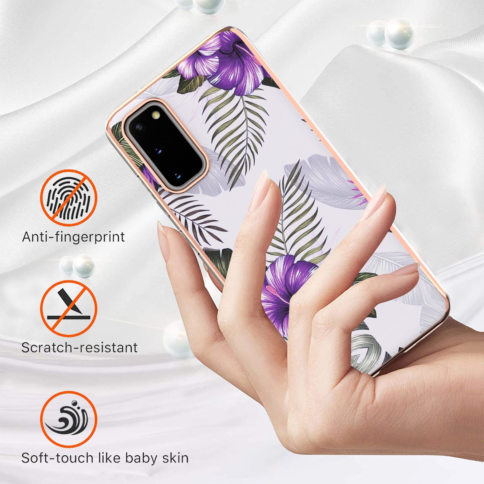 Anti-scratch Stylish Marble Design IMD IML Electroplating Soft TPU Phone Case Cover for Samsung Galaxy S20 4G/S20 5G - Purple Flowers