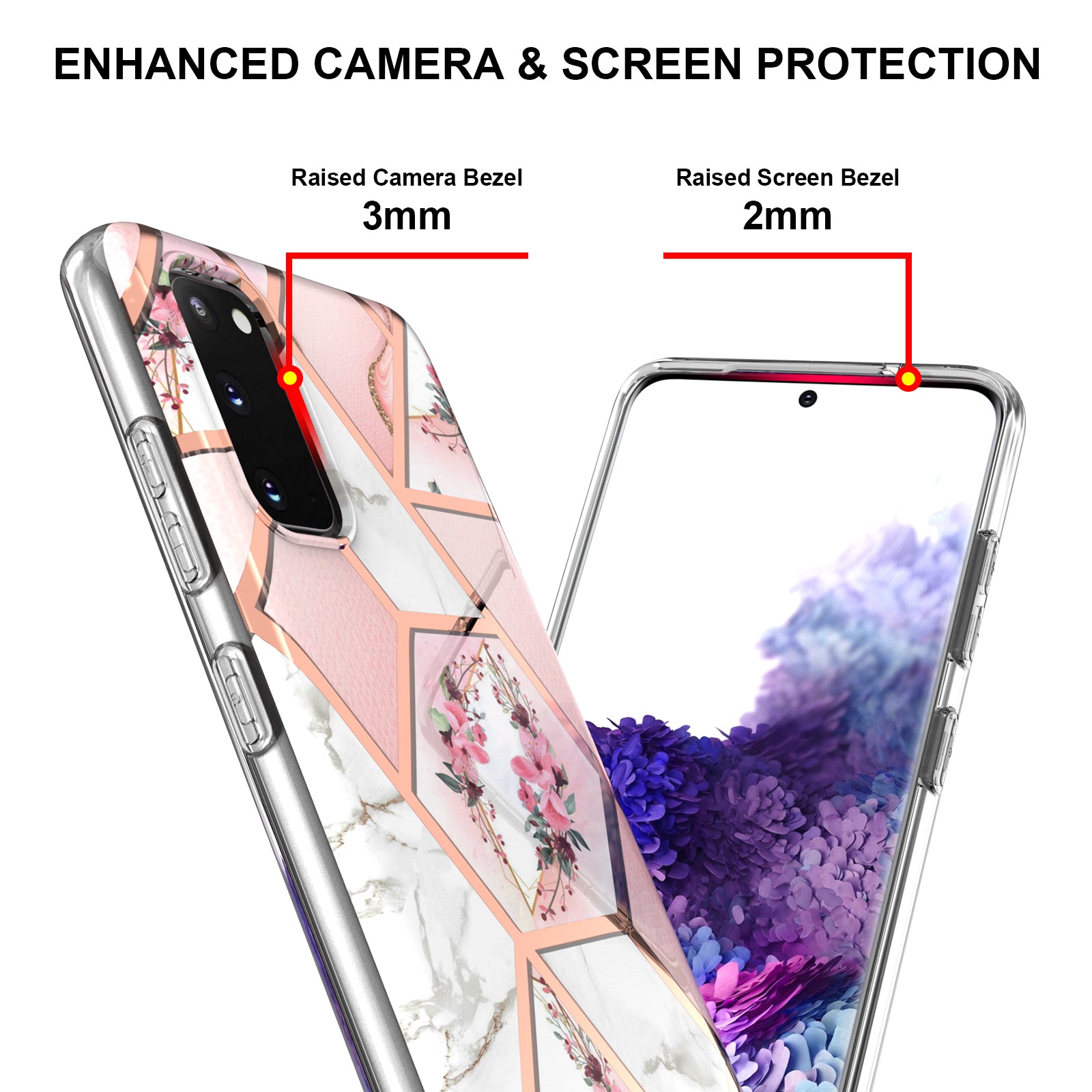 Anti-scratch Stylish Marble Design IMD IML Electroplating Soft TPU Phone Case Cover for Samsung Galaxy S20 4G/S20 5G - Pink Flowers