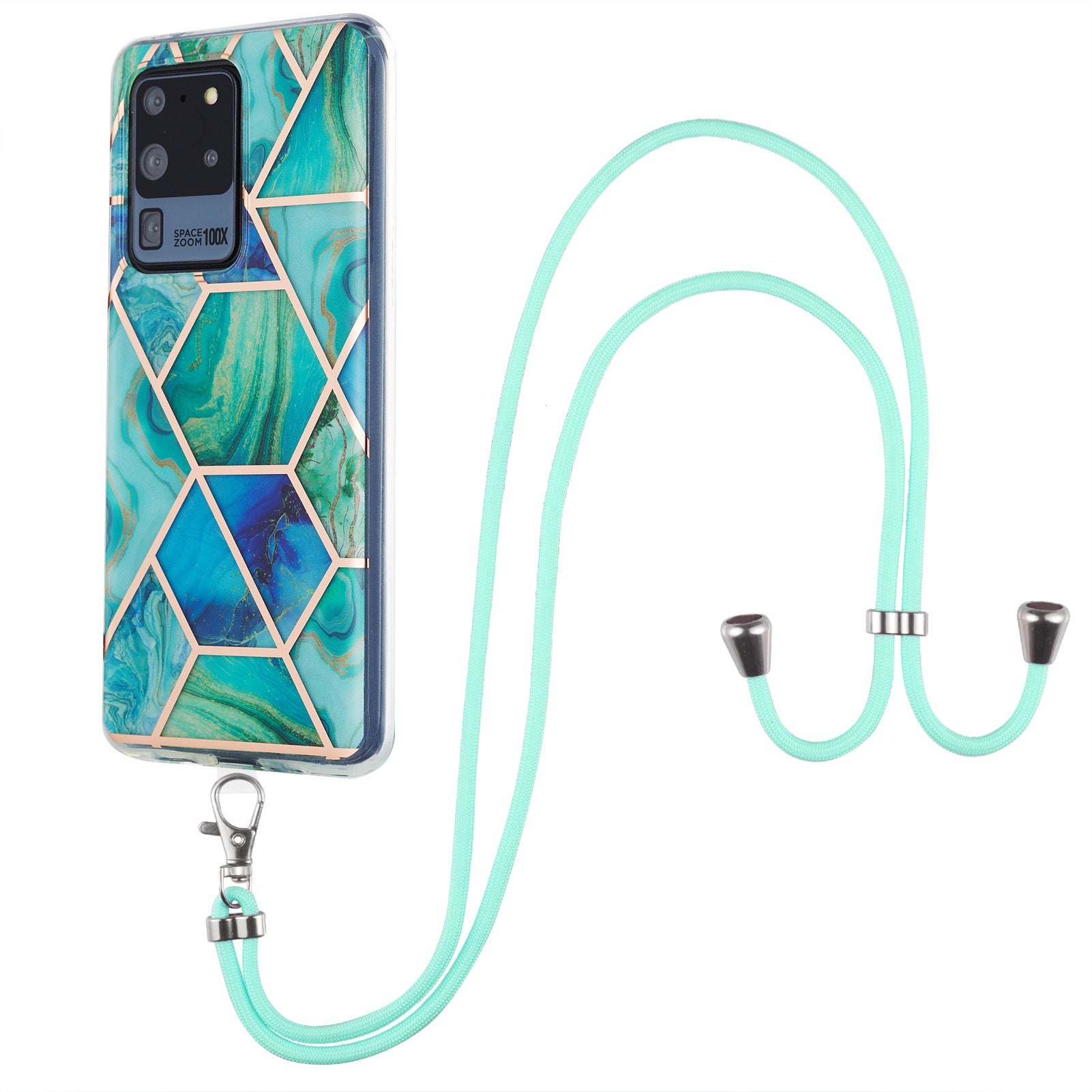 2.0mm IMD TPU Phone Cover + Lanyard IML Marble Pattern Anti-Scratch Electroplating Case for Samsung Galaxy S20 Ultra - Green