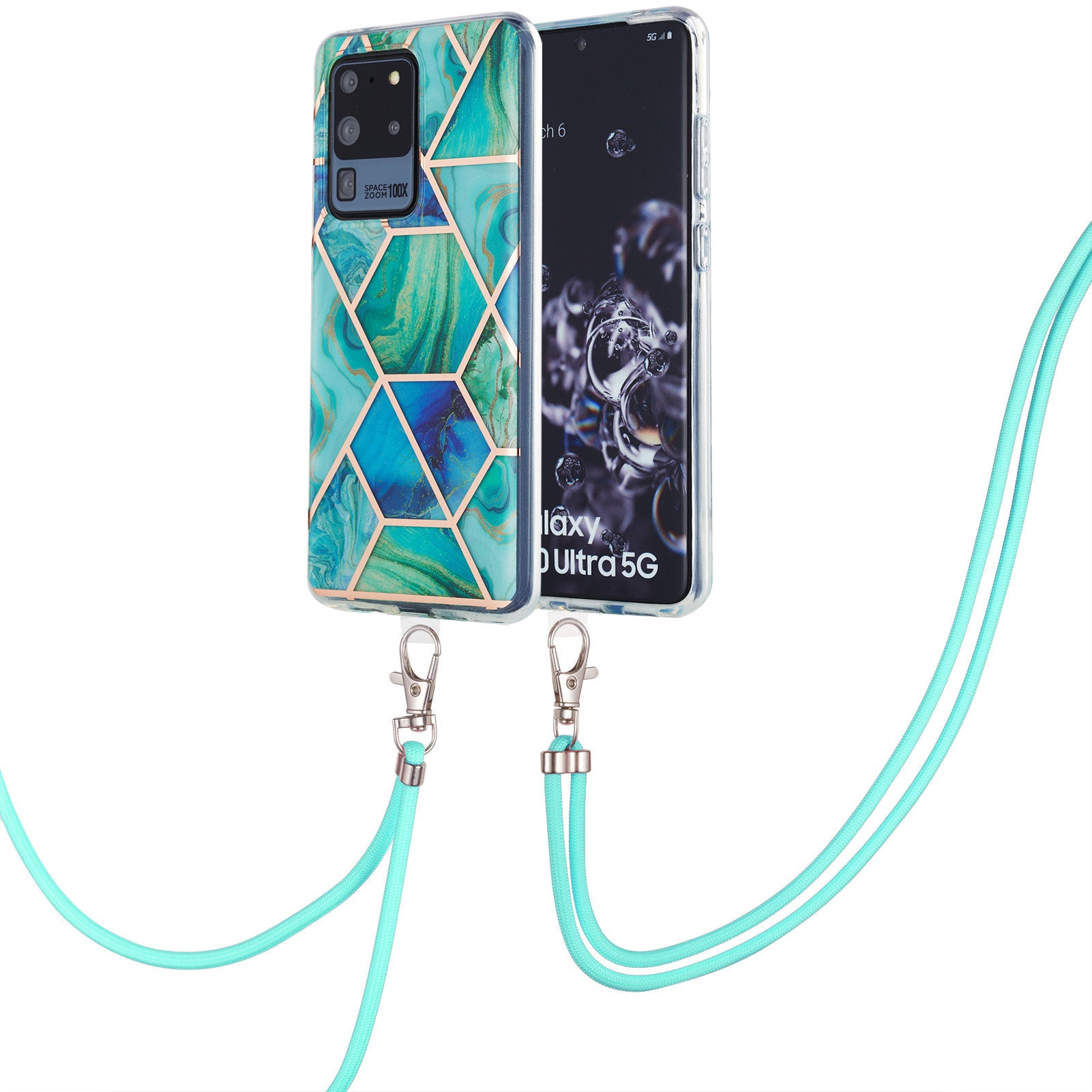 2.0mm IMD TPU Phone Cover + Lanyard IML Marble Pattern Anti-Scratch Electroplating Case for Samsung Galaxy S20 Ultra - Green