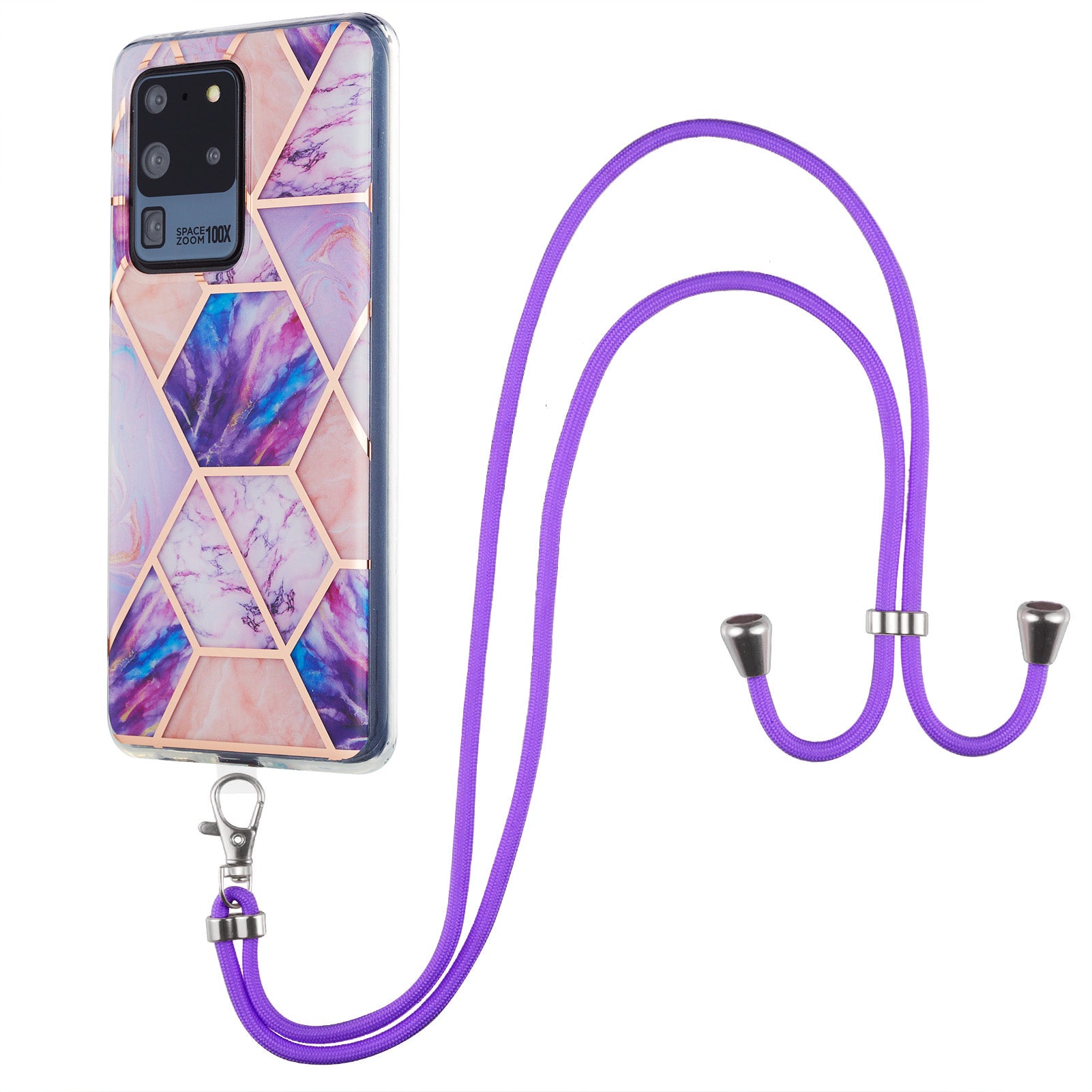 2.0mm IMD TPU Phone Cover + Lanyard IML Marble Pattern Anti-Scratch Electroplating Case for Samsung Galaxy S20 Ultra - Light Purple