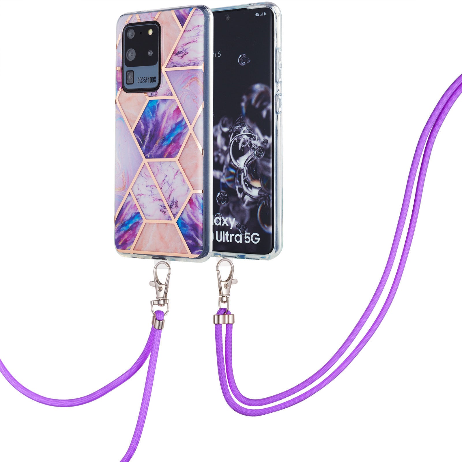 2.0mm IMD TPU Phone Cover + Lanyard IML Marble Pattern Anti-Scratch Electroplating Case for Samsung Galaxy S20 Ultra - Light Purple