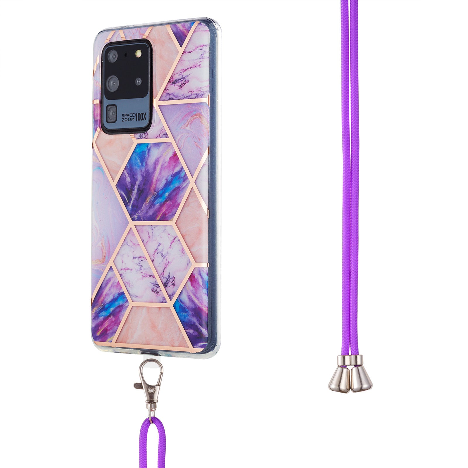 2.0mm IMD TPU Phone Cover + Lanyard IML Marble Pattern Anti-Scratch Electroplating Case for Samsung Galaxy S20 Ultra - Light Purple