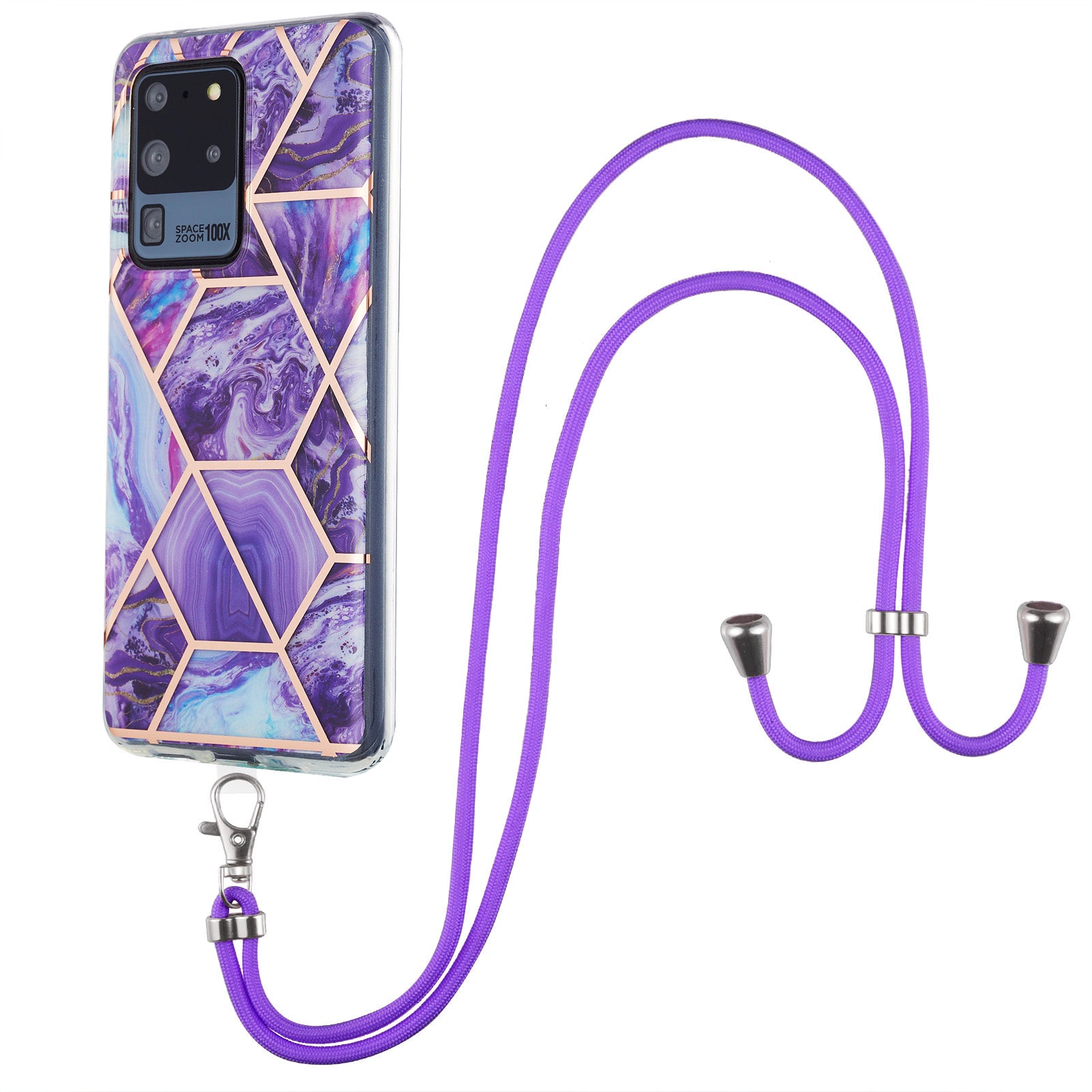 2.0mm IMD TPU Phone Cover + Lanyard IML Marble Pattern Anti-Scratch Electroplating Case for Samsung Galaxy S20 Ultra - Dark Purple