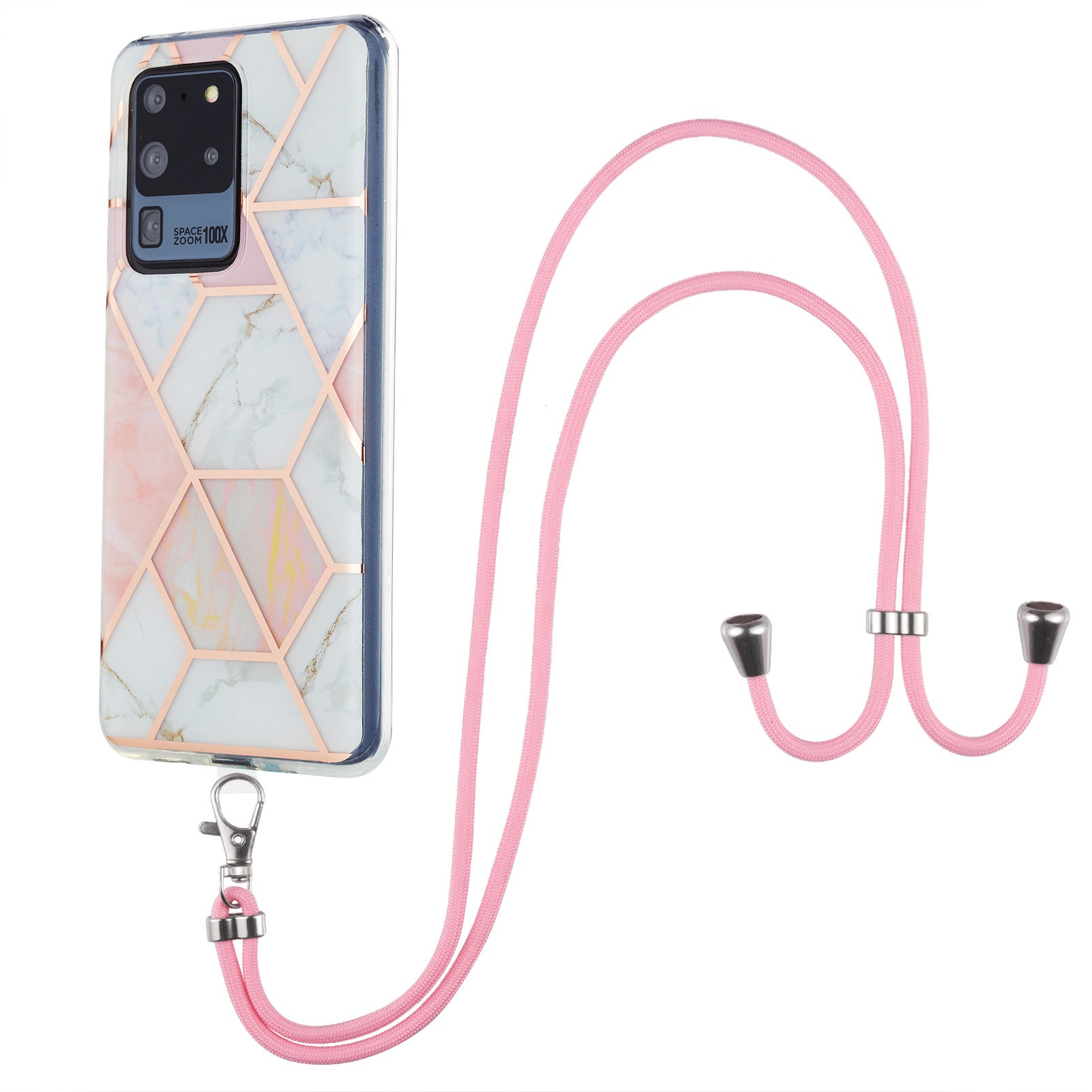 2.0mm IMD TPU Phone Cover + Lanyard IML Marble Pattern Anti-Scratch Electroplating Case for Samsung Galaxy S20 Ultra - Pink/White