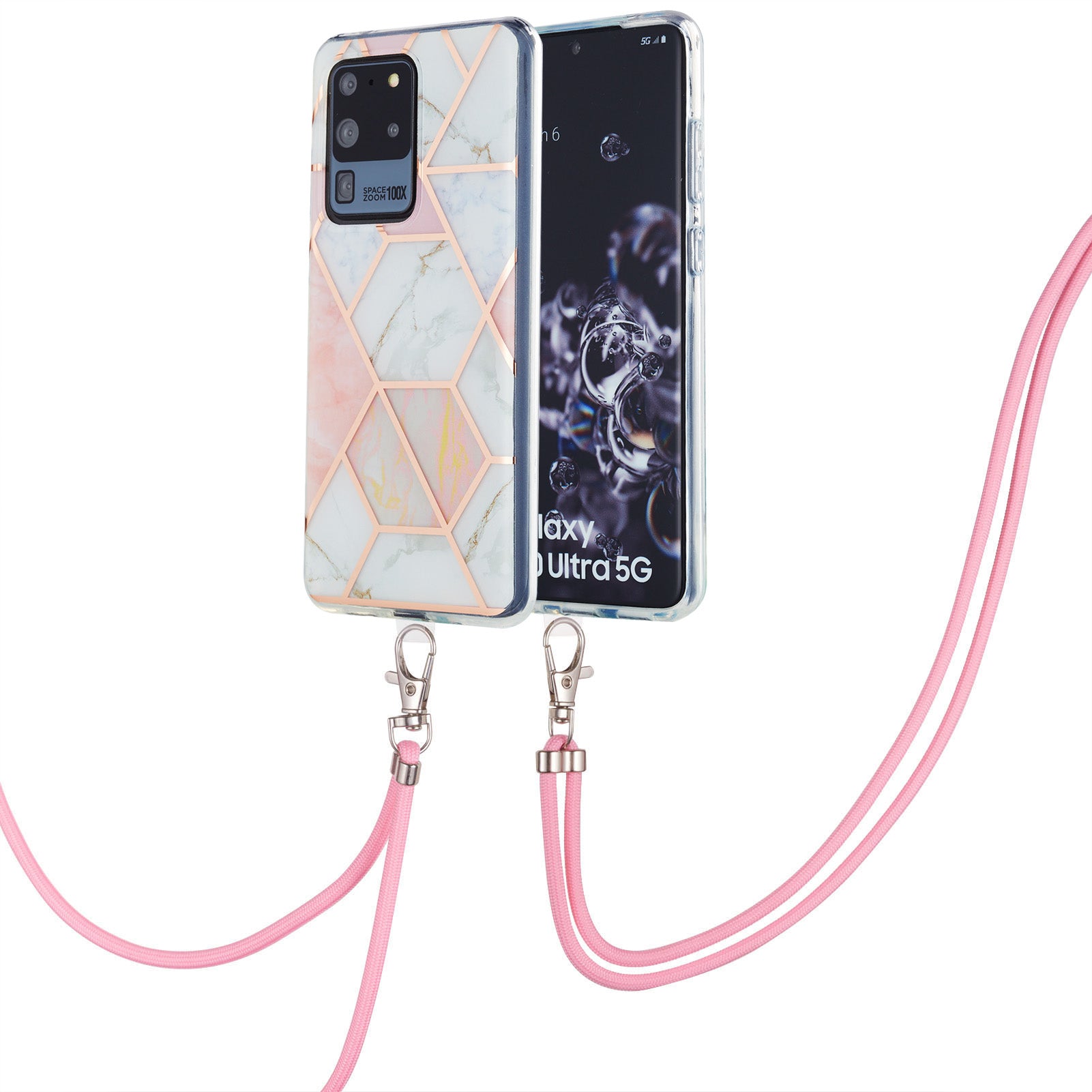 2.0mm IMD TPU Phone Cover + Lanyard IML Marble Pattern Anti-Scratch Electroplating Case for Samsung Galaxy S20 Ultra - Pink/White