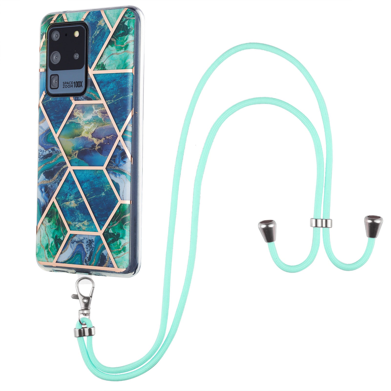 2.0mm IMD TPU Phone Cover + Lanyard IML Marble Pattern Anti-Scratch Electroplating Case for Samsung Galaxy S20 Ultra - Blue/Green