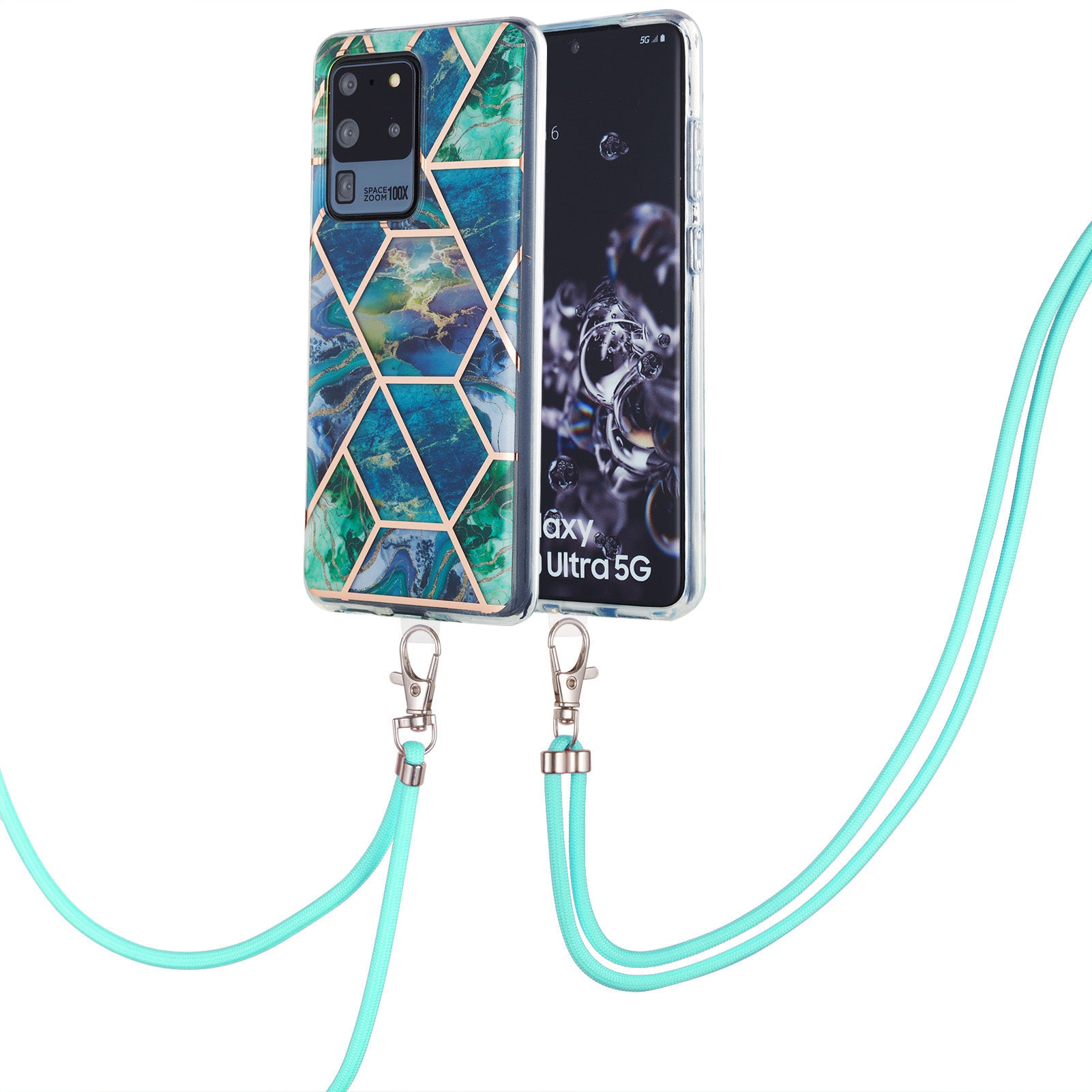 2.0mm IMD TPU Phone Cover + Lanyard IML Marble Pattern Anti-Scratch Electroplating Case for Samsung Galaxy S20 Ultra - Blue/Green