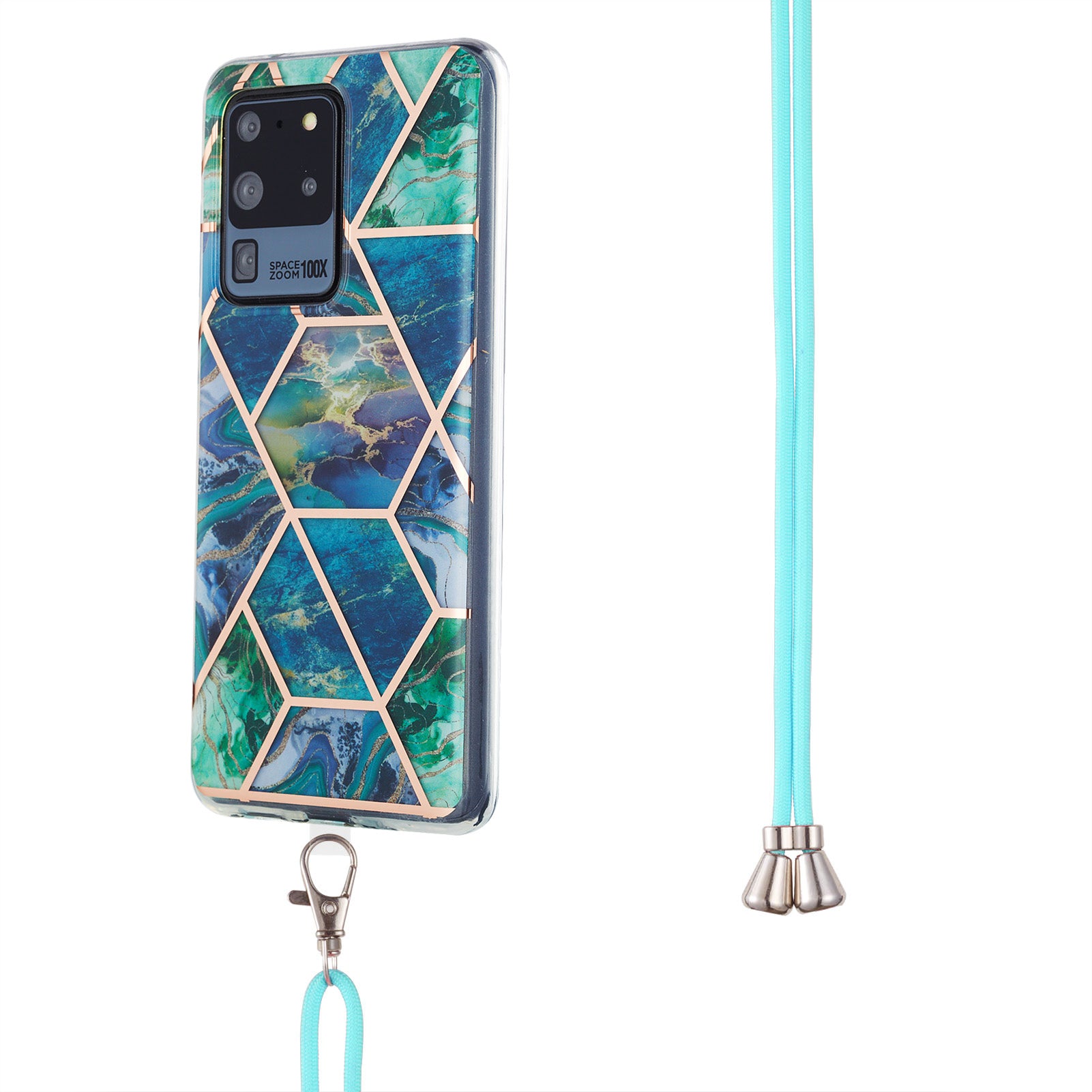 2.0mm IMD TPU Phone Cover + Lanyard IML Marble Pattern Anti-Scratch Electroplating Case for Samsung Galaxy S20 Ultra - Blue/Green