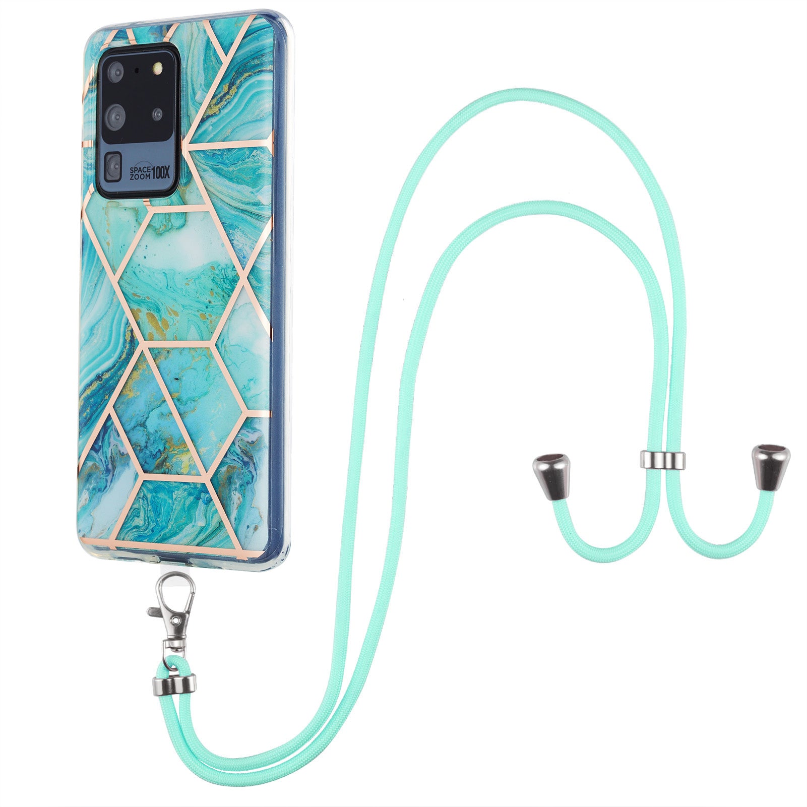 2.0mm IMD TPU Phone Cover + Lanyard IML Marble Pattern Anti-Scratch Electroplating Case for Samsung Galaxy S20 Ultra - Blue