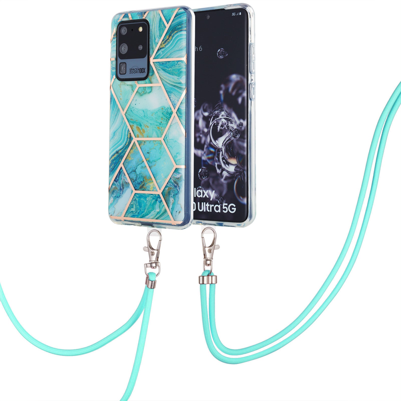 2.0mm IMD TPU Phone Cover + Lanyard IML Marble Pattern Anti-Scratch Electroplating Case for Samsung Galaxy S20 Ultra - Blue