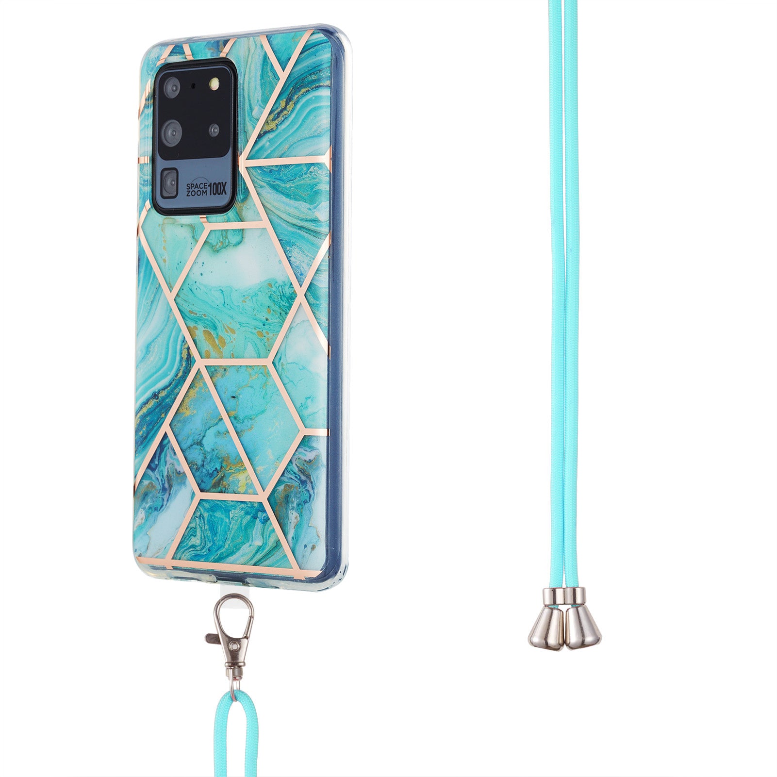 2.0mm IMD TPU Phone Cover + Lanyard IML Marble Pattern Anti-Scratch Electroplating Case for Samsung Galaxy S20 Ultra - Blue