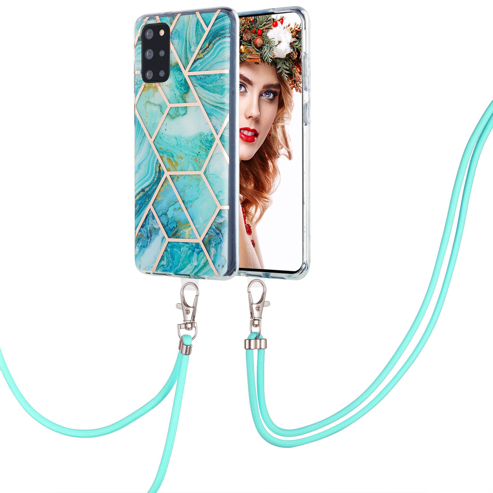 2.0mm IMD TPU Phone Cover Anti-Fall Electroplating IML Marble Pattern Case + Lanyard for Samsung Galaxy S20 Plus 4G/5G - Blue