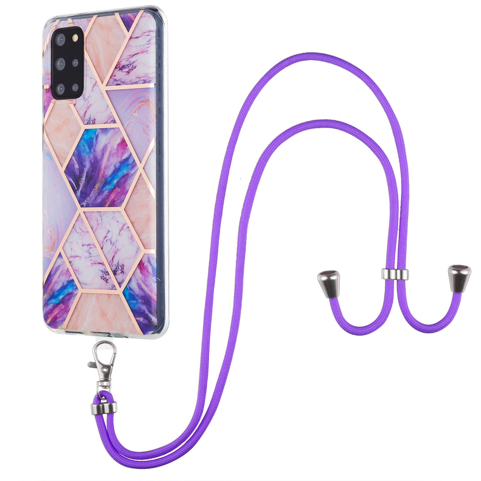 2.0mm IMD TPU Phone Cover Anti-Fall Electroplating IML Marble Pattern Case + Lanyard for Samsung Galaxy S20 Plus 4G/5G - Light Purple