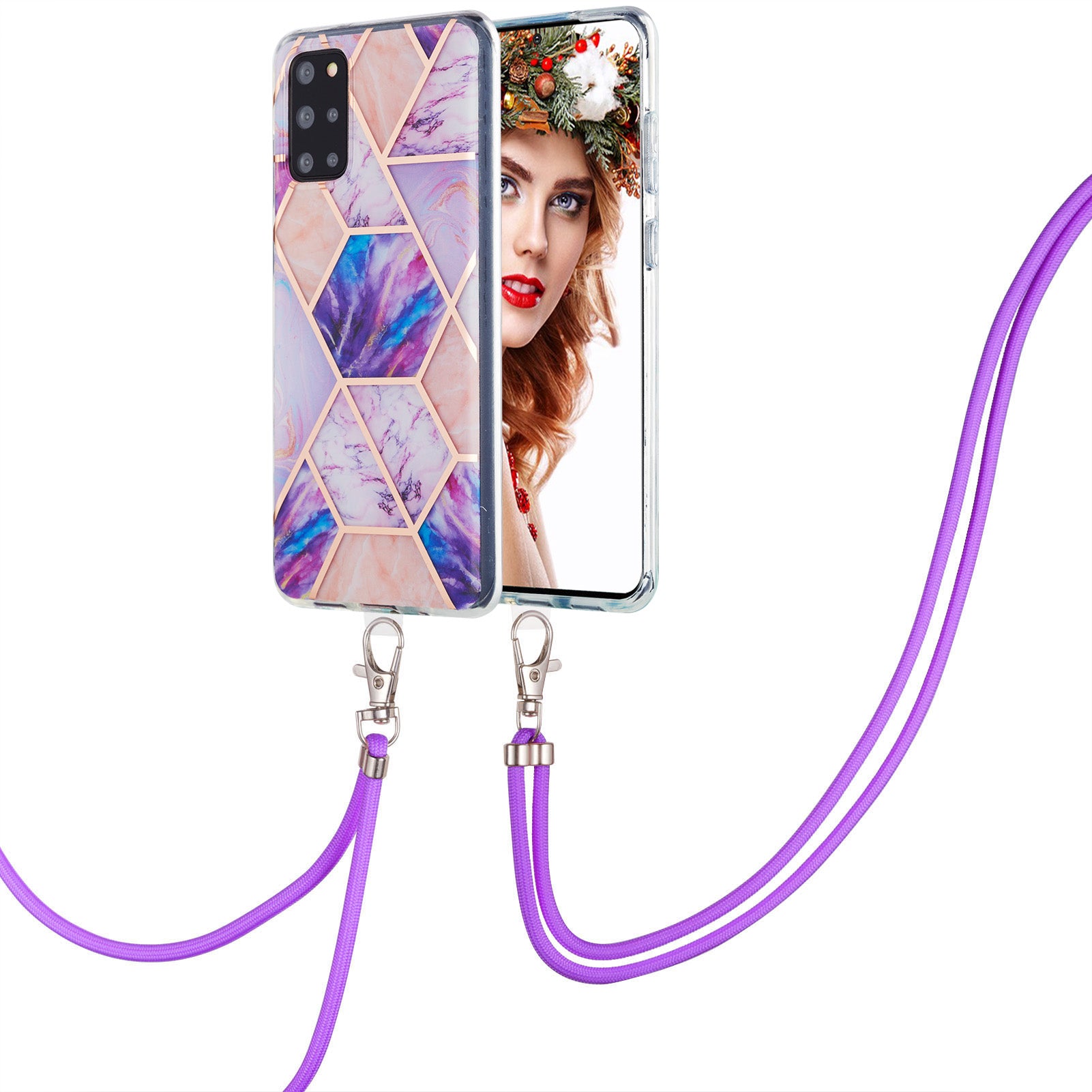 2.0mm IMD TPU Phone Cover Anti-Fall Electroplating IML Marble Pattern Case + Lanyard for Samsung Galaxy S20 Plus 4G/5G - Light Purple