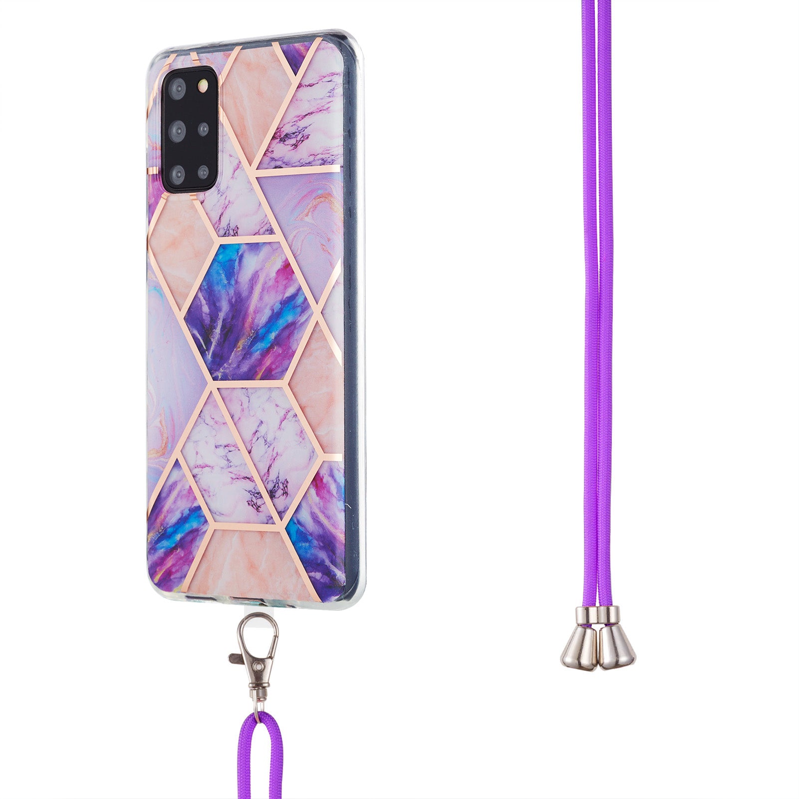 2.0mm IMD TPU Phone Cover Anti-Fall Electroplating IML Marble Pattern Case + Lanyard for Samsung Galaxy S20 Plus 4G/5G - Light Purple