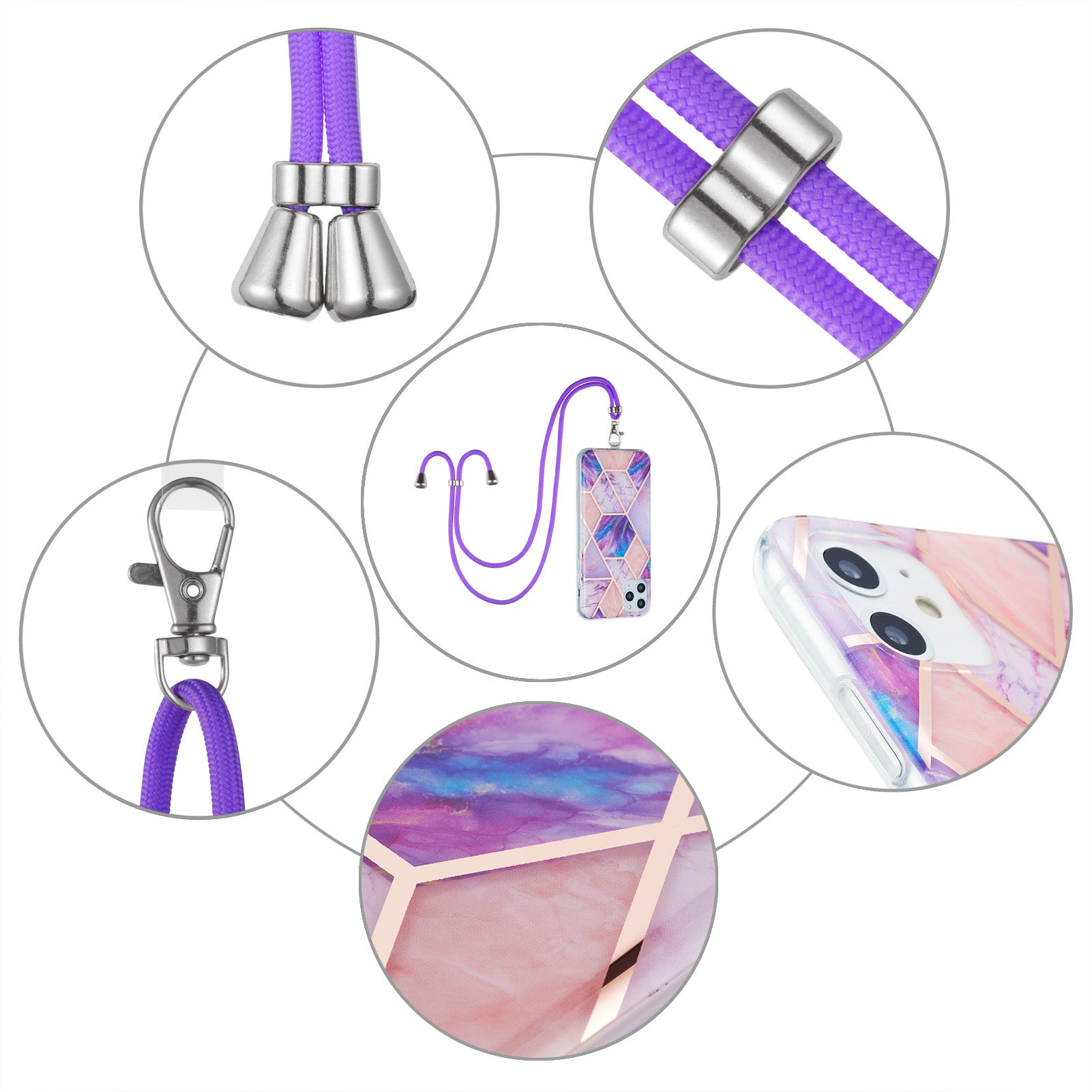 2.0mm IMD TPU Phone Cover Anti-Fall Electroplating IML Marble Pattern Case + Lanyard for Samsung Galaxy S20 Plus 4G/5G - Light Purple