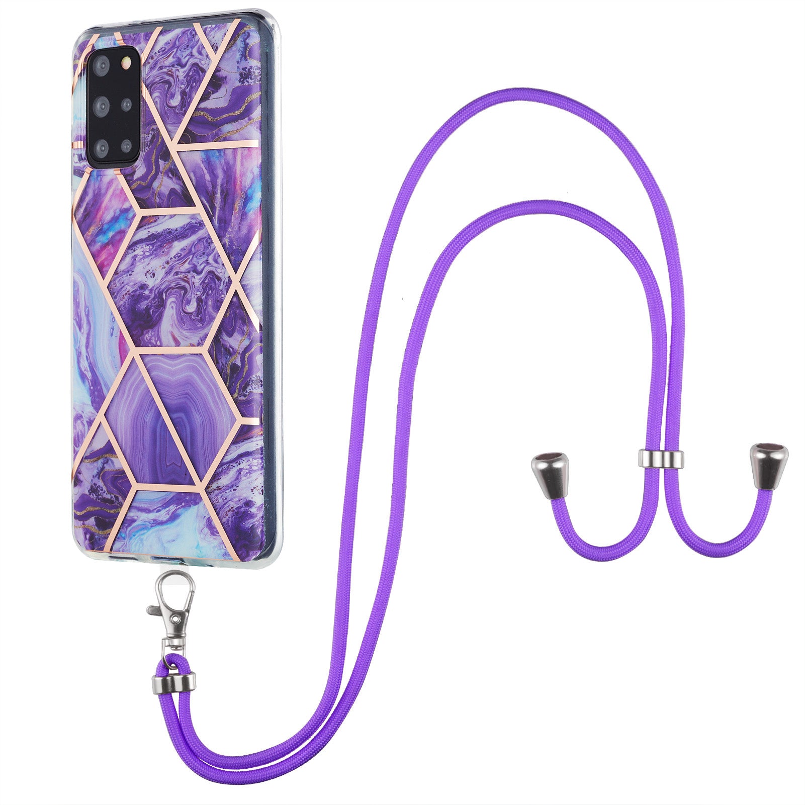 2.0mm IMD TPU Phone Cover Anti-Fall Electroplating IML Marble Pattern Case + Lanyard for Samsung Galaxy S20 Plus 4G/5G - Dark Purple