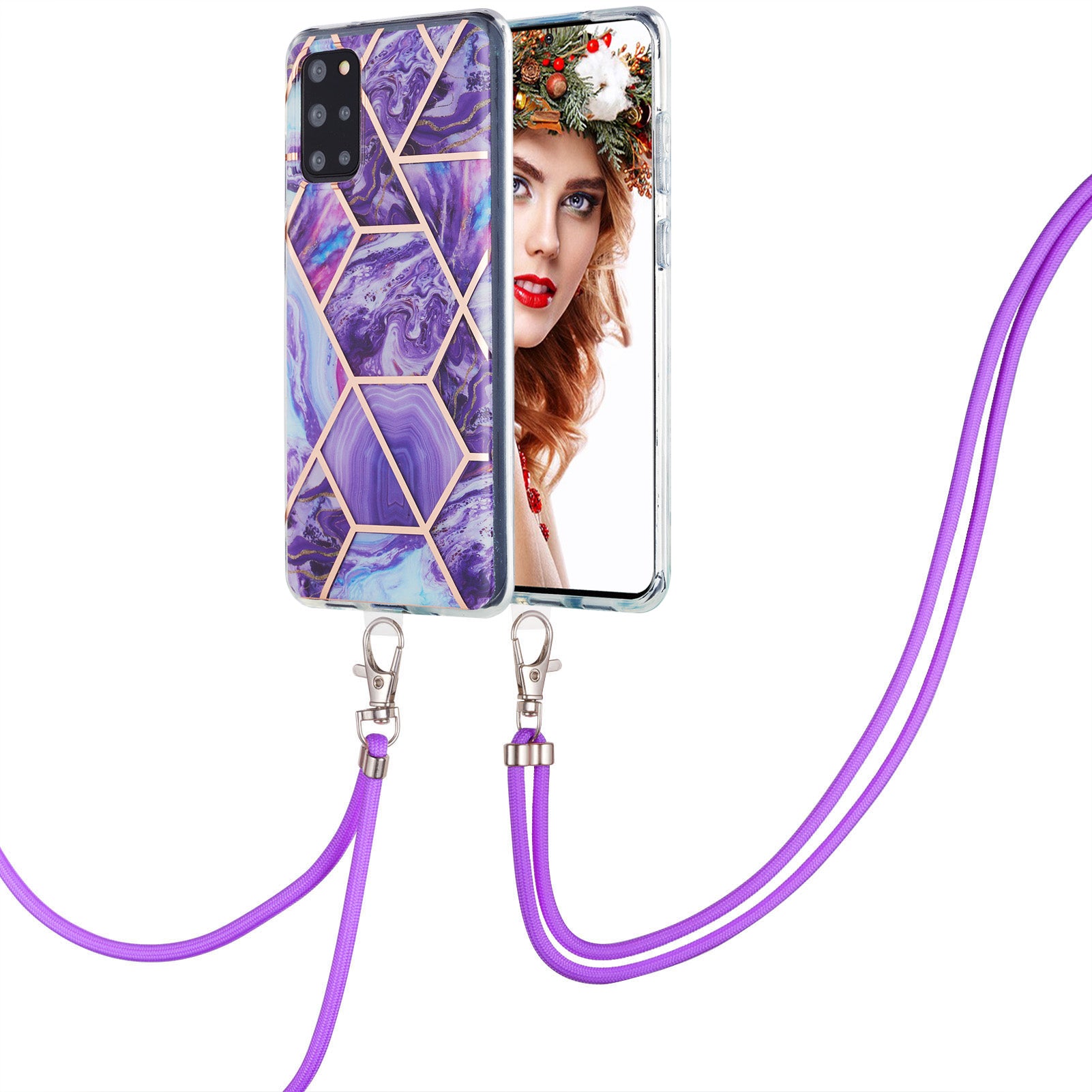 2.0mm IMD TPU Phone Cover Anti-Fall Electroplating IML Marble Pattern Case + Lanyard for Samsung Galaxy S20 Plus 4G/5G - Dark Purple