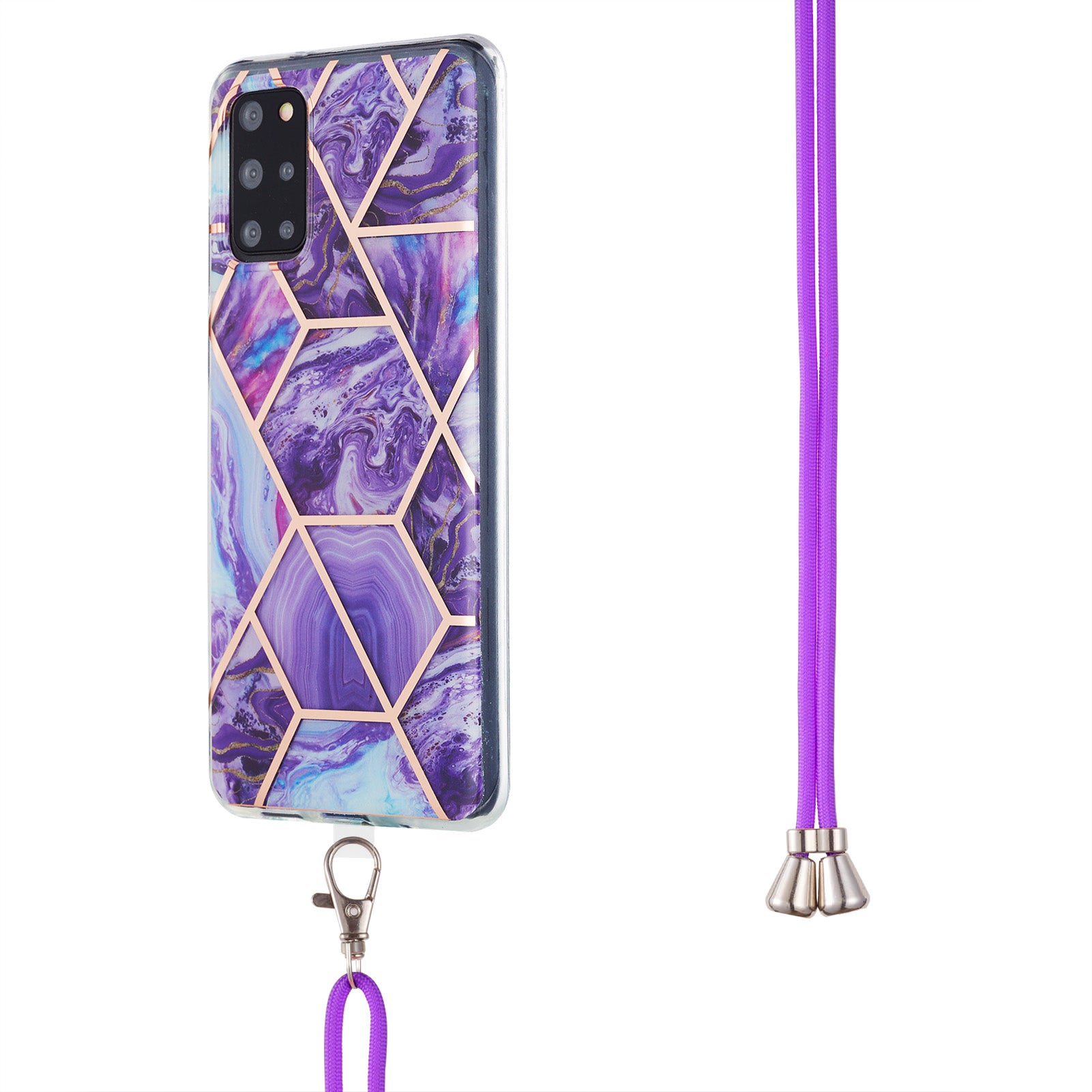 2.0mm IMD TPU Phone Cover Anti-Fall Electroplating IML Marble Pattern Case + Lanyard for Samsung Galaxy S20 Plus 4G/5G - Dark Purple