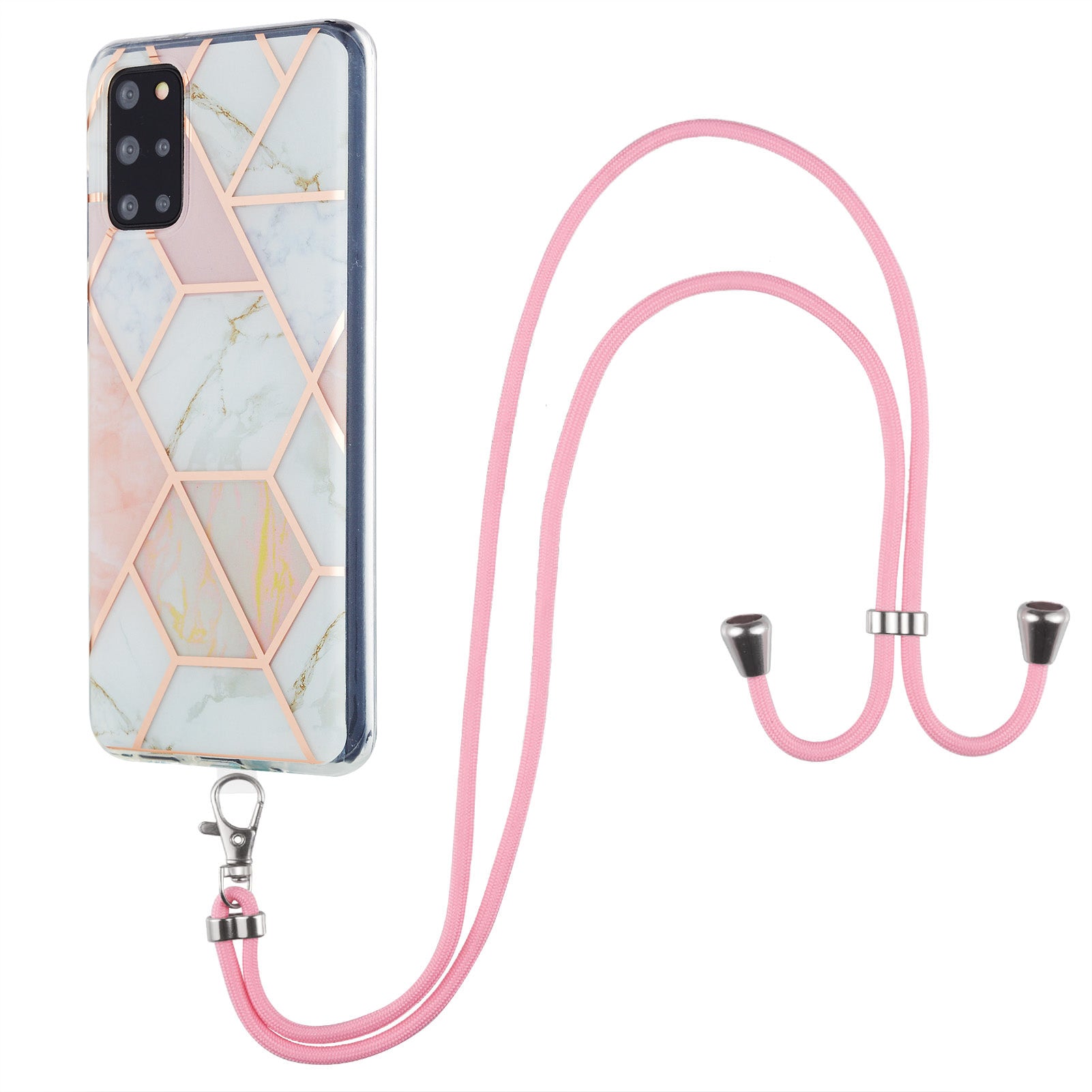 2.0mm IMD TPU Phone Cover Anti-Fall Electroplating IML Marble Pattern Case + Lanyard for Samsung Galaxy S20 Plus 4G/5G - Pink/White