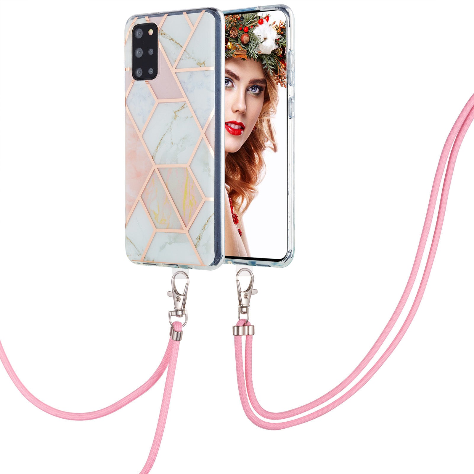 2.0mm IMD TPU Phone Cover Anti-Fall Electroplating IML Marble Pattern Case + Lanyard for Samsung Galaxy S20 Plus 4G/5G - Pink/White