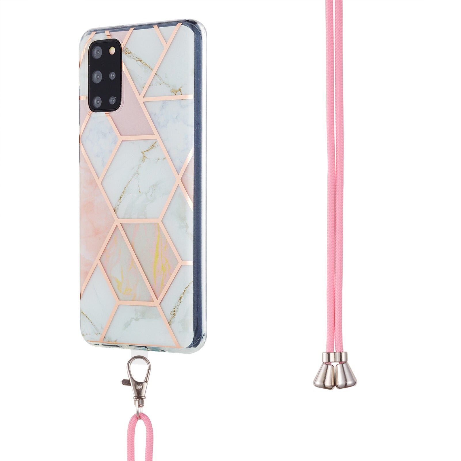 2.0mm IMD TPU Phone Cover Anti-Fall Electroplating IML Marble Pattern Case + Lanyard for Samsung Galaxy S20 Plus 4G/5G - Pink/White