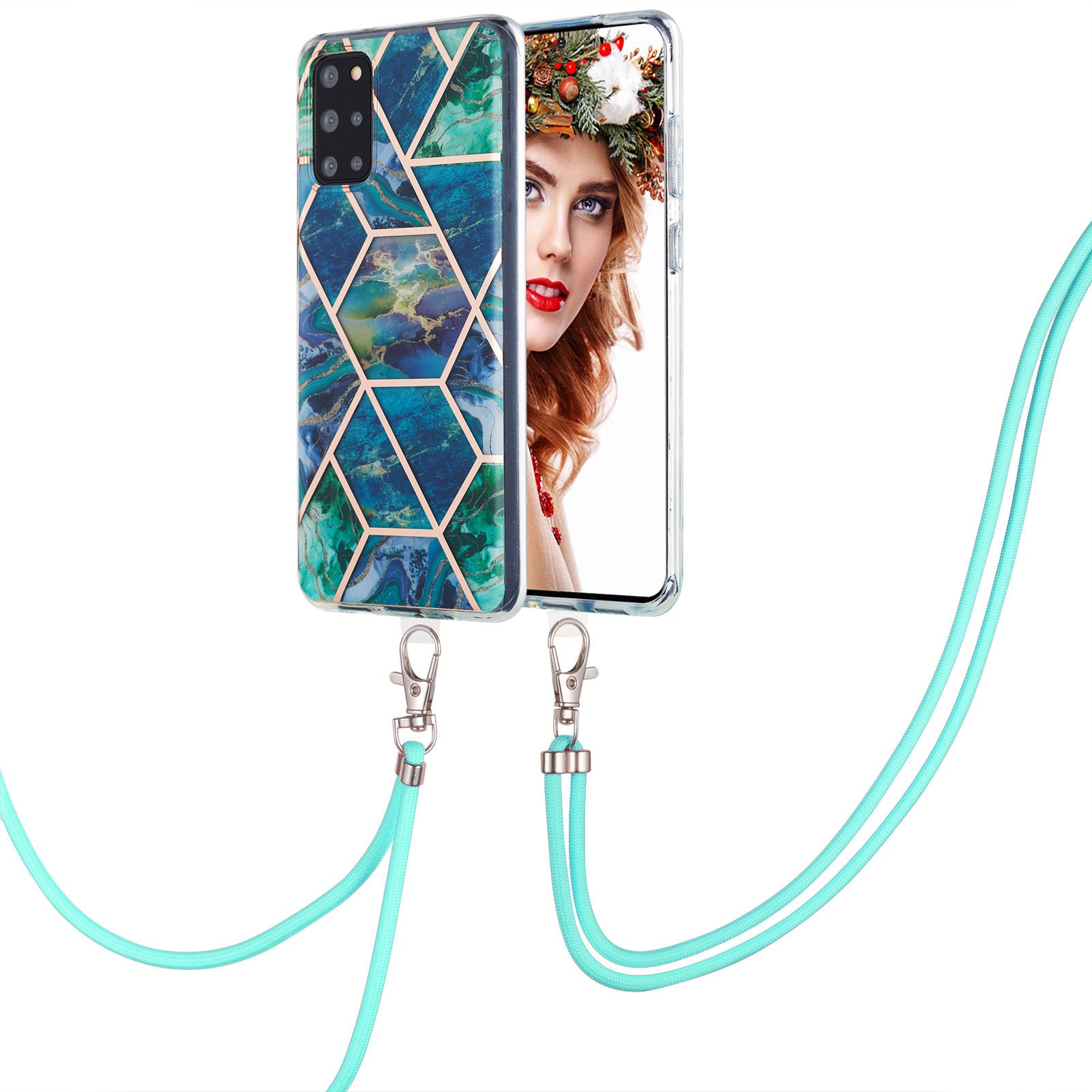 2.0mm IMD TPU Phone Cover Anti-Fall Electroplating IML Marble Pattern Case + Lanyard for Samsung Galaxy S20 Plus 4G/5G - Blue/Green