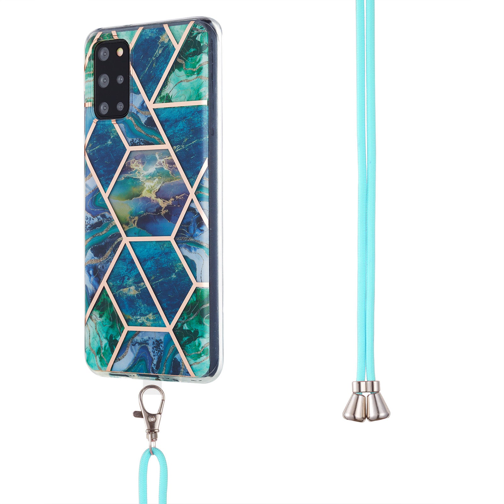 2.0mm IMD TPU Phone Cover Anti-Fall Electroplating IML Marble Pattern Case + Lanyard for Samsung Galaxy S20 Plus 4G/5G - Blue/Green