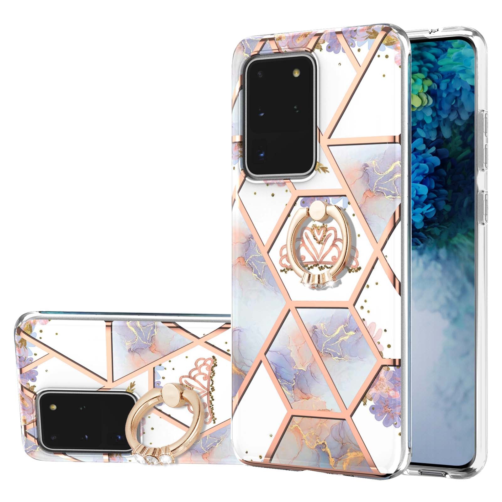 Marble Pattern IMD Design Soft TPU Shockproof Anti Slip Case with Ring Holder Kickstand for Samsung Galaxy S20 Ultra - Crown