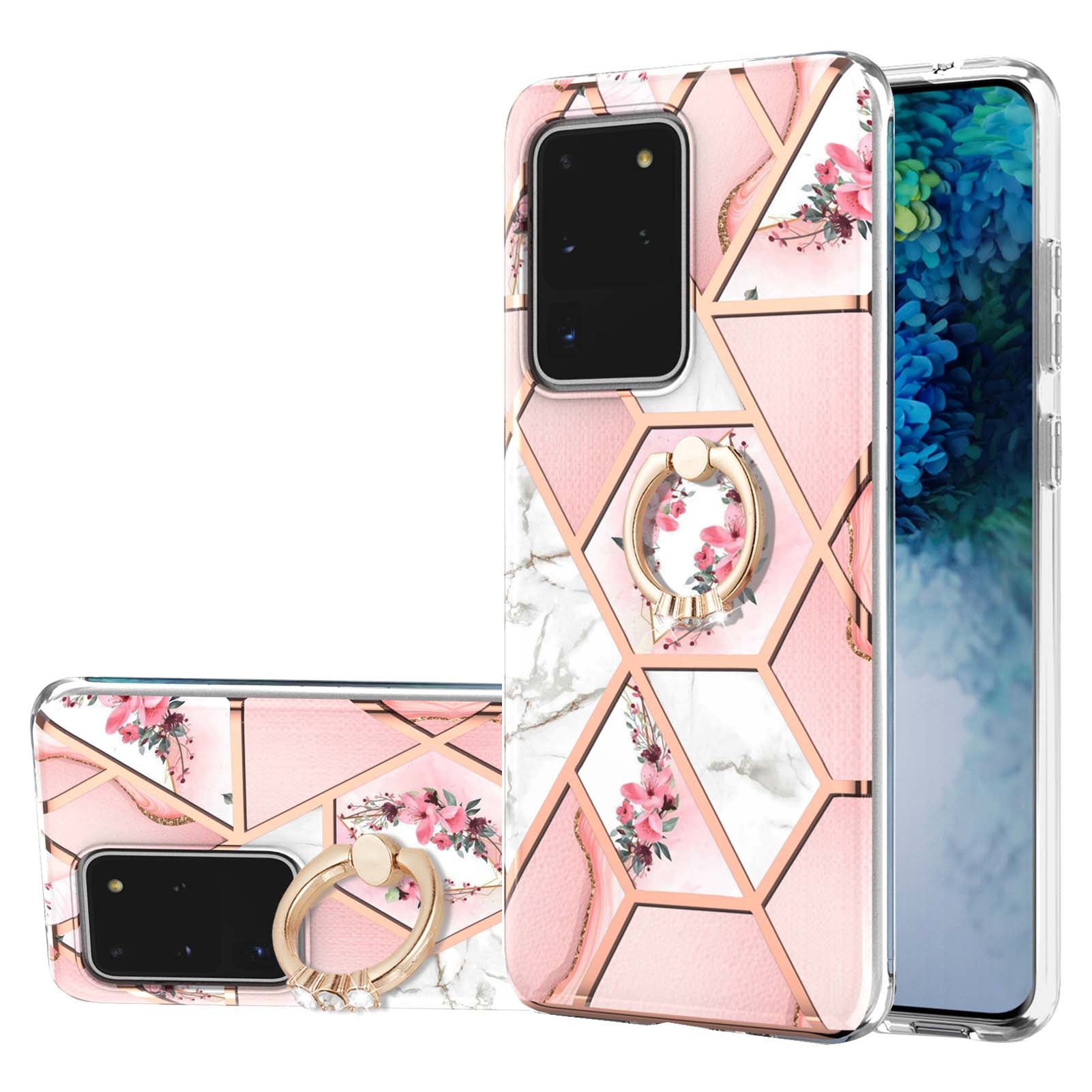 Marble Pattern IMD Design Soft TPU Shockproof Anti Slip Case with Ring Holder Kickstand for Samsung Galaxy S20 Ultra - Pink Flowers