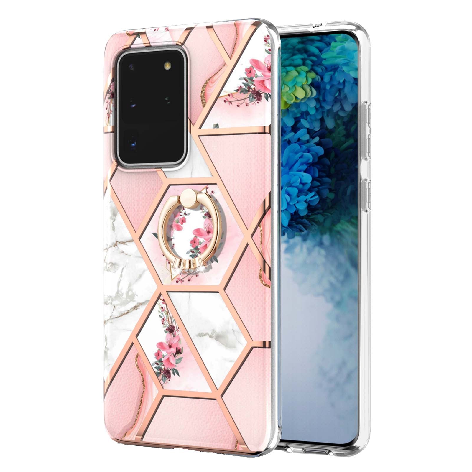 Marble Pattern IMD Design Soft TPU Shockproof Anti Slip Case with Ring Holder Kickstand for Samsung Galaxy S20 Ultra - Pink Flowers