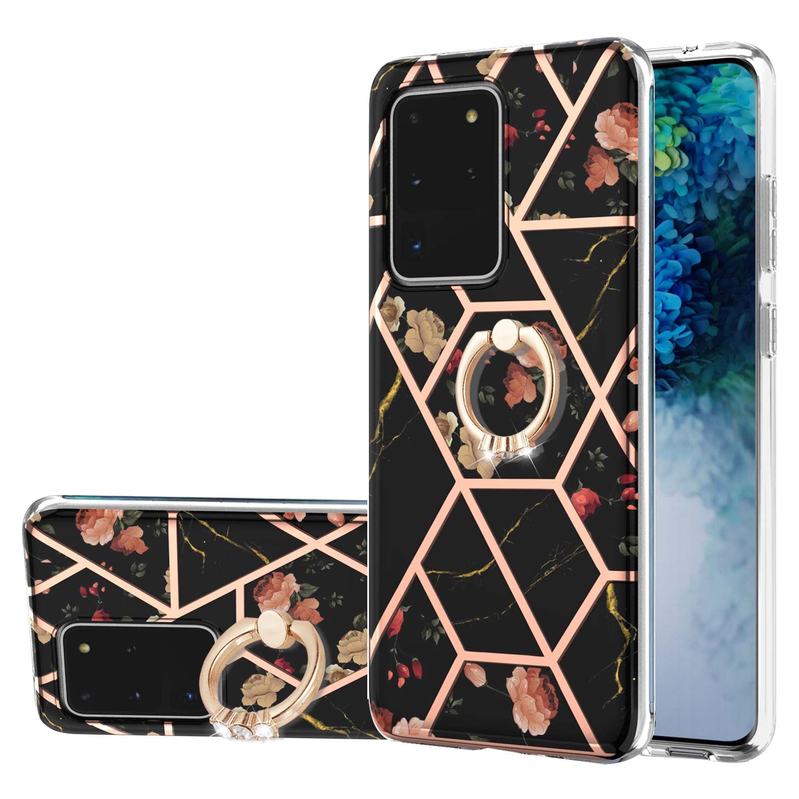 Marble Pattern IMD Design Soft TPU Shockproof Anti Slip Case with Ring Holder Kickstand for Samsung Galaxy S20 Ultra - Black Flowers