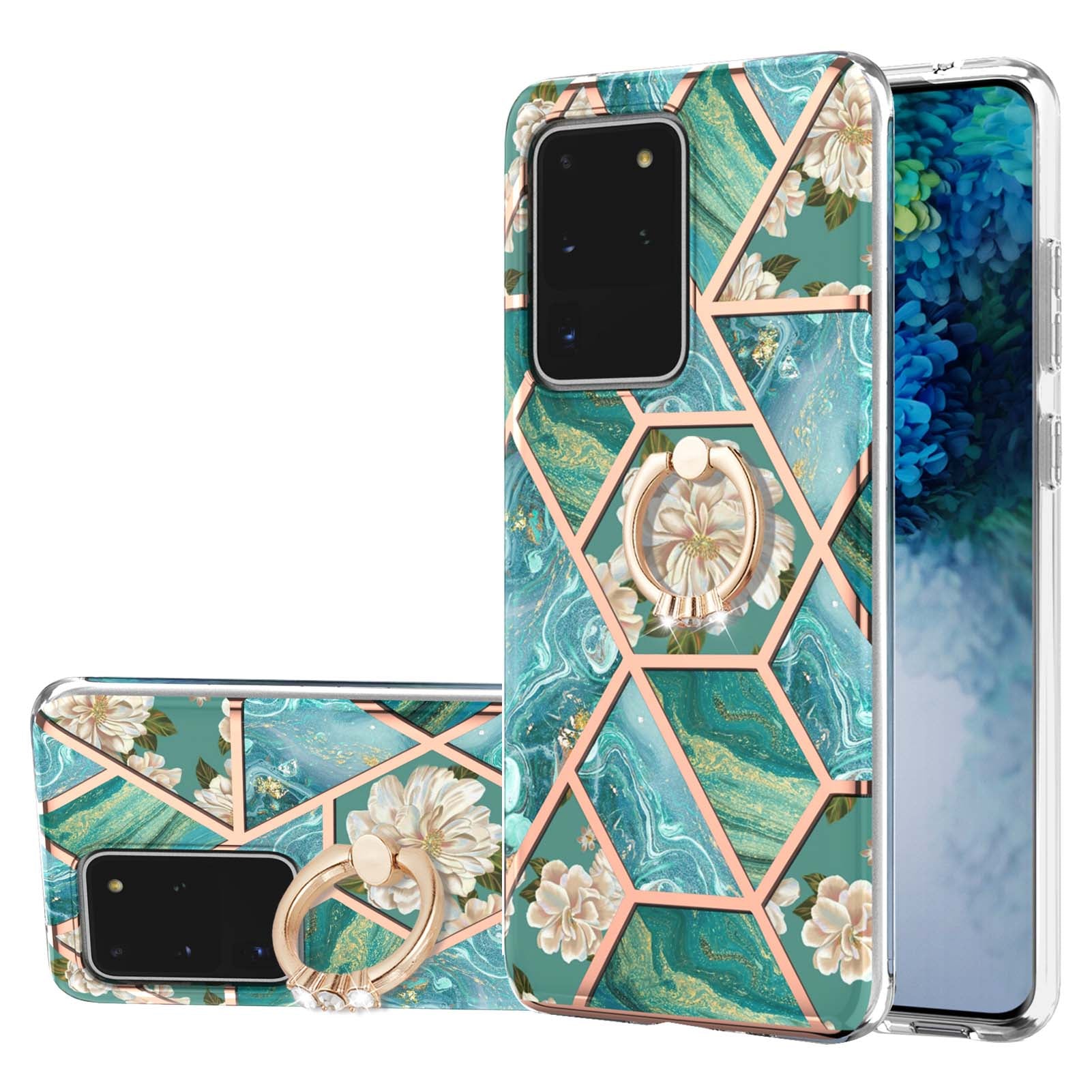 Marble Pattern IMD Design Soft TPU Shockproof Anti Slip Case with Ring Holder Kickstand for Samsung Galaxy S20 Ultra - Blue Flowers